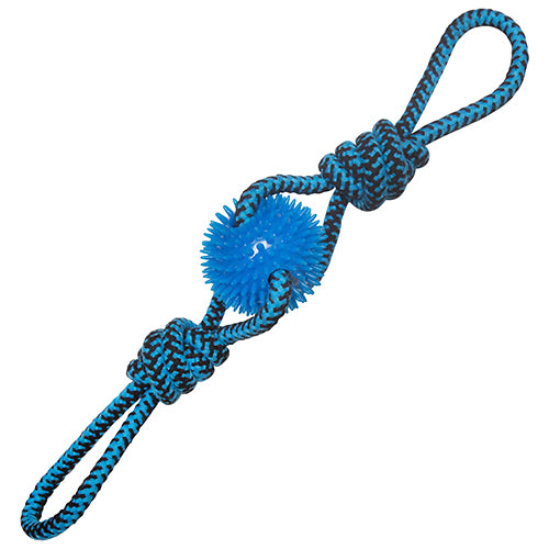 The Snugarooz Spikey Baby is a blue and black braided dog rope toy with loops at both ends and a spikey ball in the center—perfect for tug-of-war with your pup.