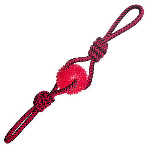 The Snugarooz Spikey Baby is a blue and black braided dog rope toy with loops at both ends and a spikey ball in the center—perfect for tug-of-war with your pup.