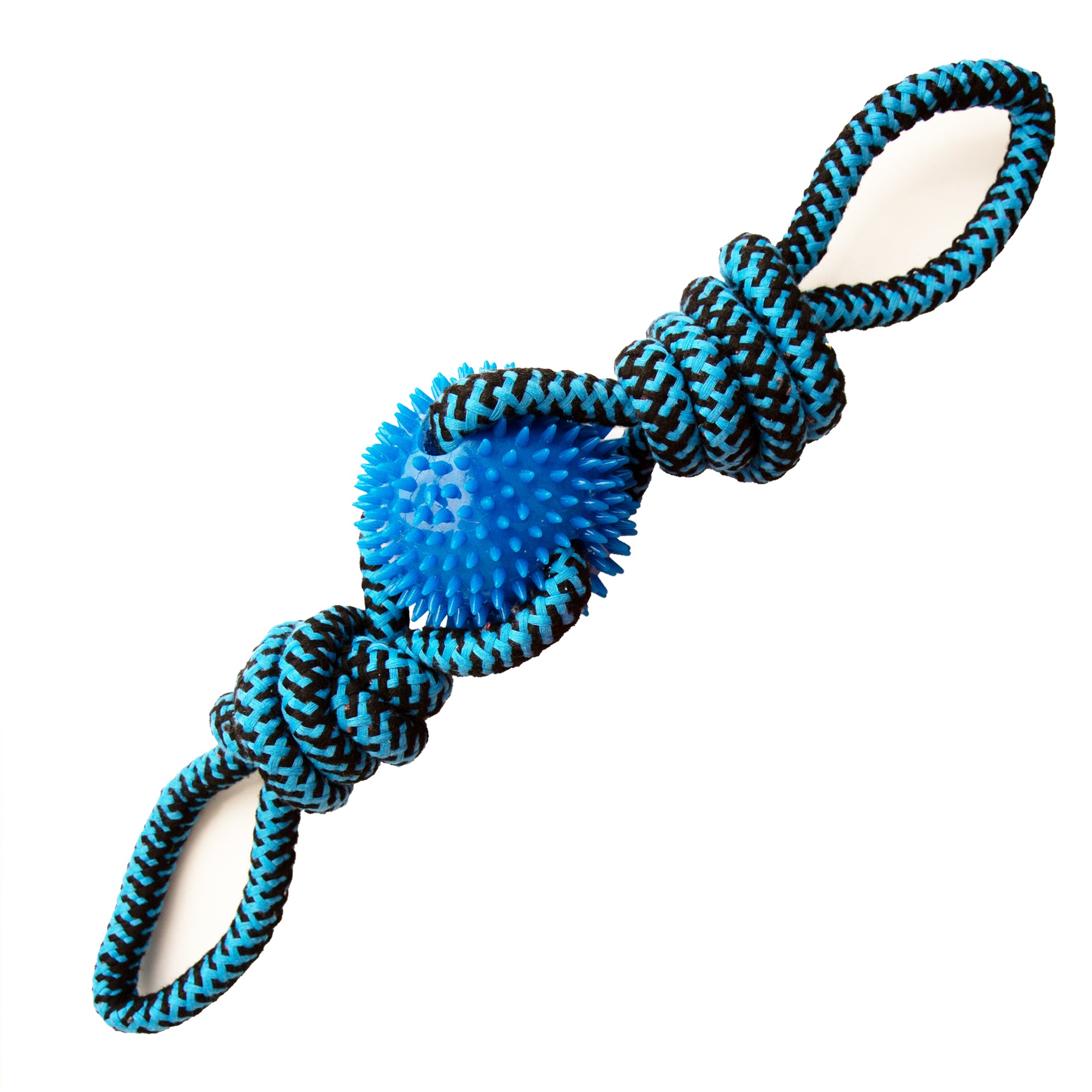 The Snugarooz Spikey Beast Rope is a dog toy with blue and black braided rope, two looped handles, and a spiky blue rubber ball in the center—ideal for large dogs. Shown isolated on a white background.