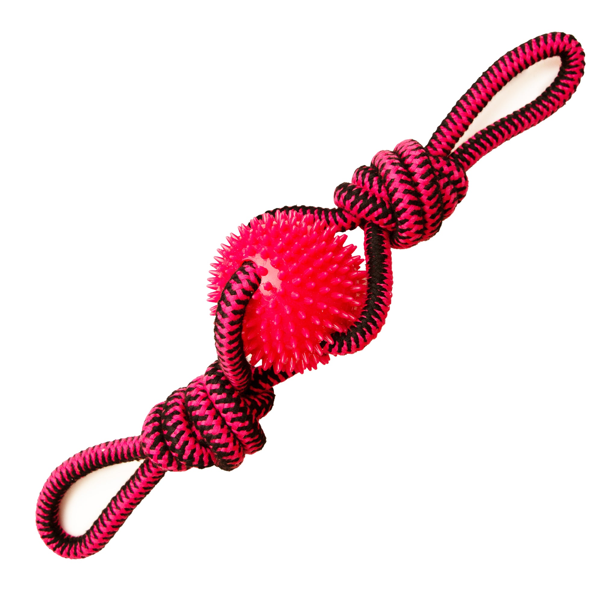 The Snugarooz Spikey Beast Rope is a dog toy with blue and black braided rope, two looped handles, and a spiky blue rubber ball in the center—ideal for large dogs. Shown isolated on a white background.