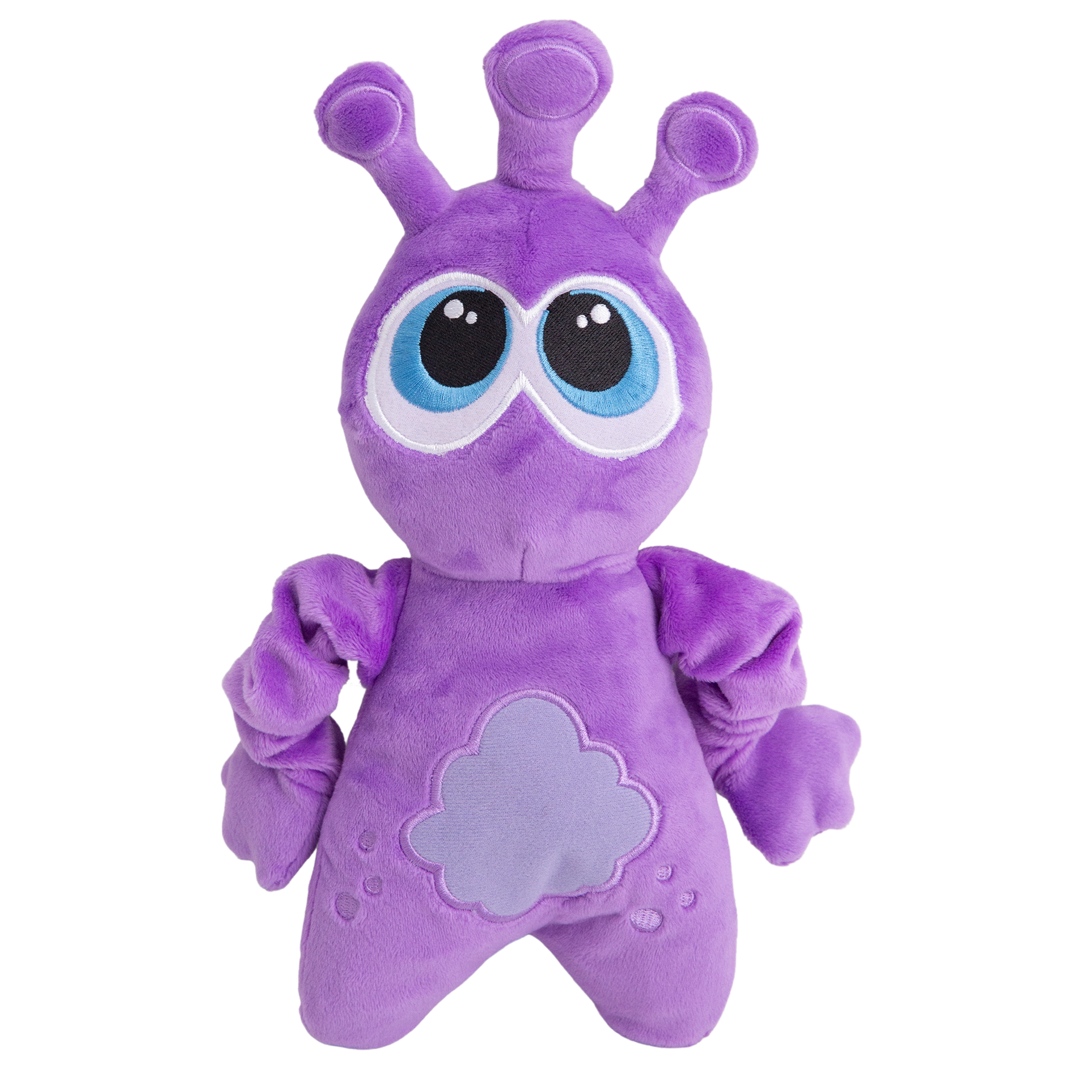 Starla the Alien by Snugarooz is a plush dog toy shaped like a purple alien with three antennae, big blue and black eyes, puffy arms, and a light purple belly patch, made from eco-friendly materials and shown on a white background.