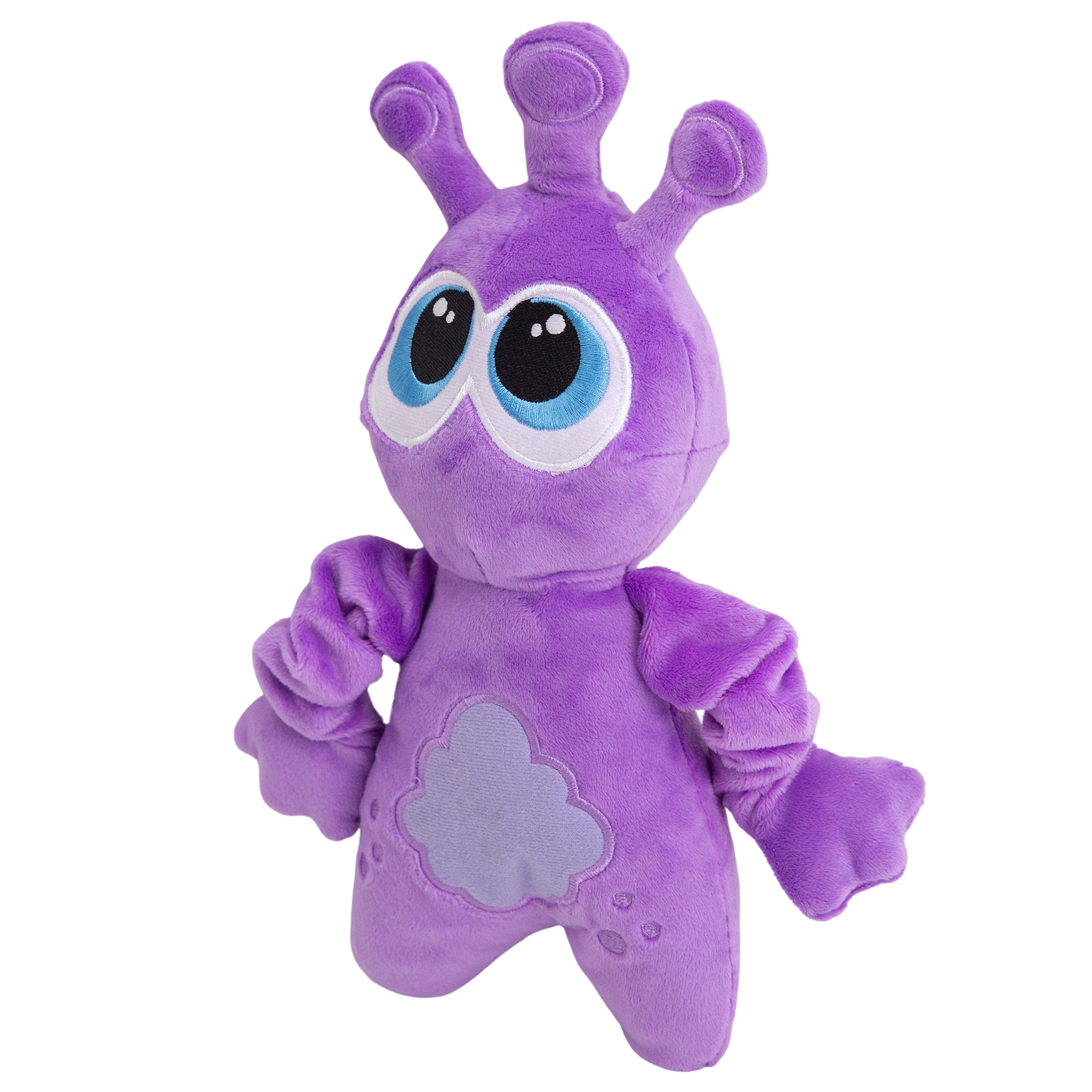Starla the Alien by Snugarooz is a plush dog toy shaped like a purple alien with three antennae, big blue and black eyes, puffy arms, and a light purple belly patch, made from eco-friendly materials and shown on a white background.