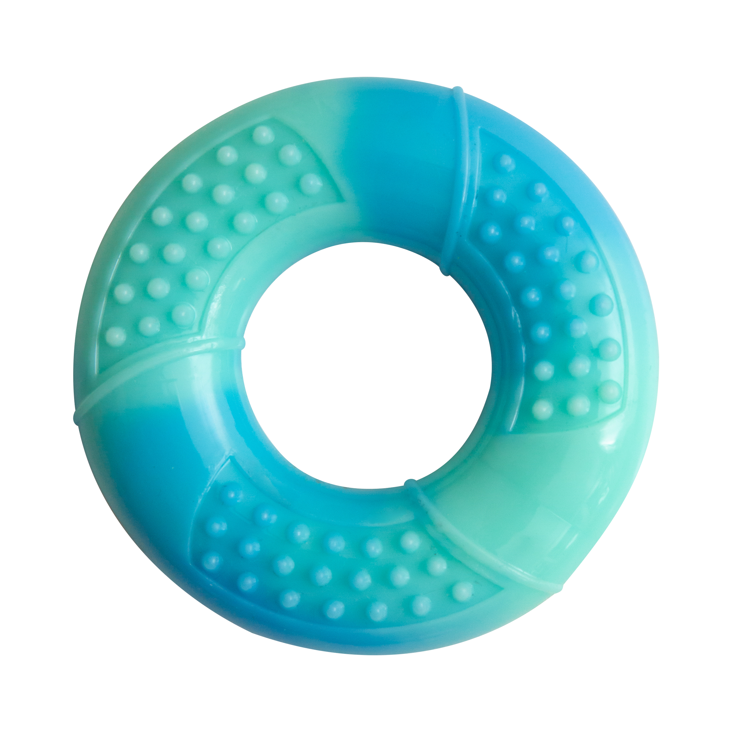 The Snugarooz Stuff-Arooz is a round, donut-shaped dog chew ring with smooth and textured surfaces, pastel blue and pink colors that blend together, and raised bumps arranged in sections for added interest.
