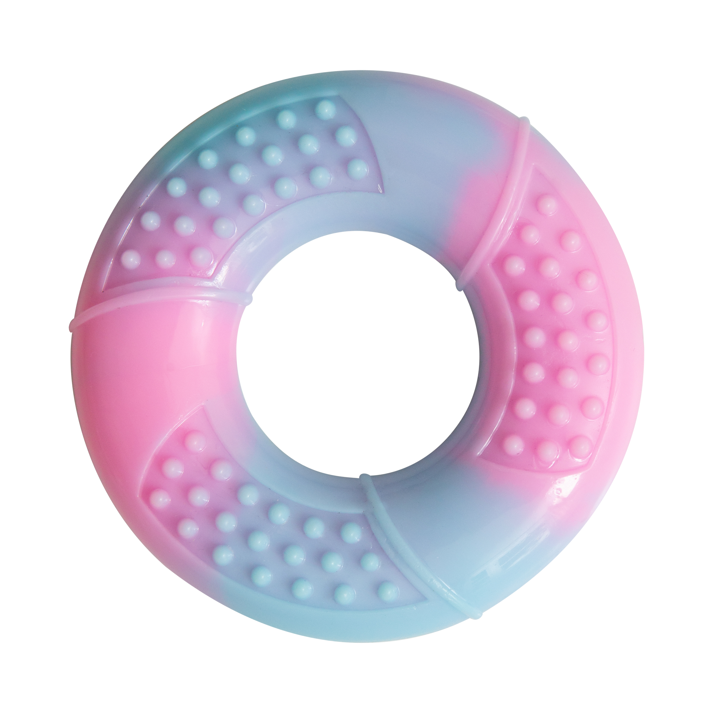 The Snugarooz Stuff-Arooz is a round, donut-shaped dog chew ring with smooth and textured surfaces, pastel blue and pink colors that blend together, and raised bumps arranged in sections for added interest.