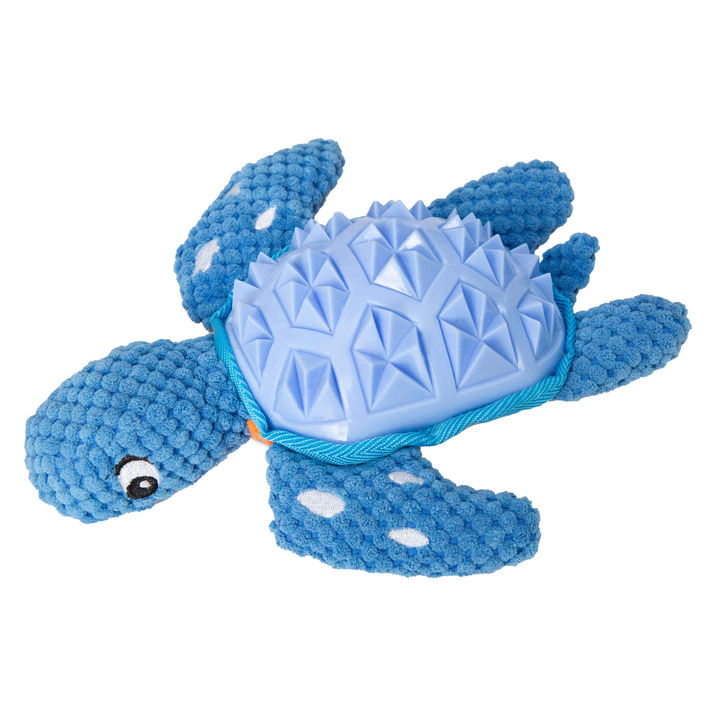 Snugarooz Titan the Turtle is a blue plush dog toy with a textured, spiky plastic shell, soft white-spotted flippers, and cartoon eyes—perfectly designed for playful pups seeking durable fun.