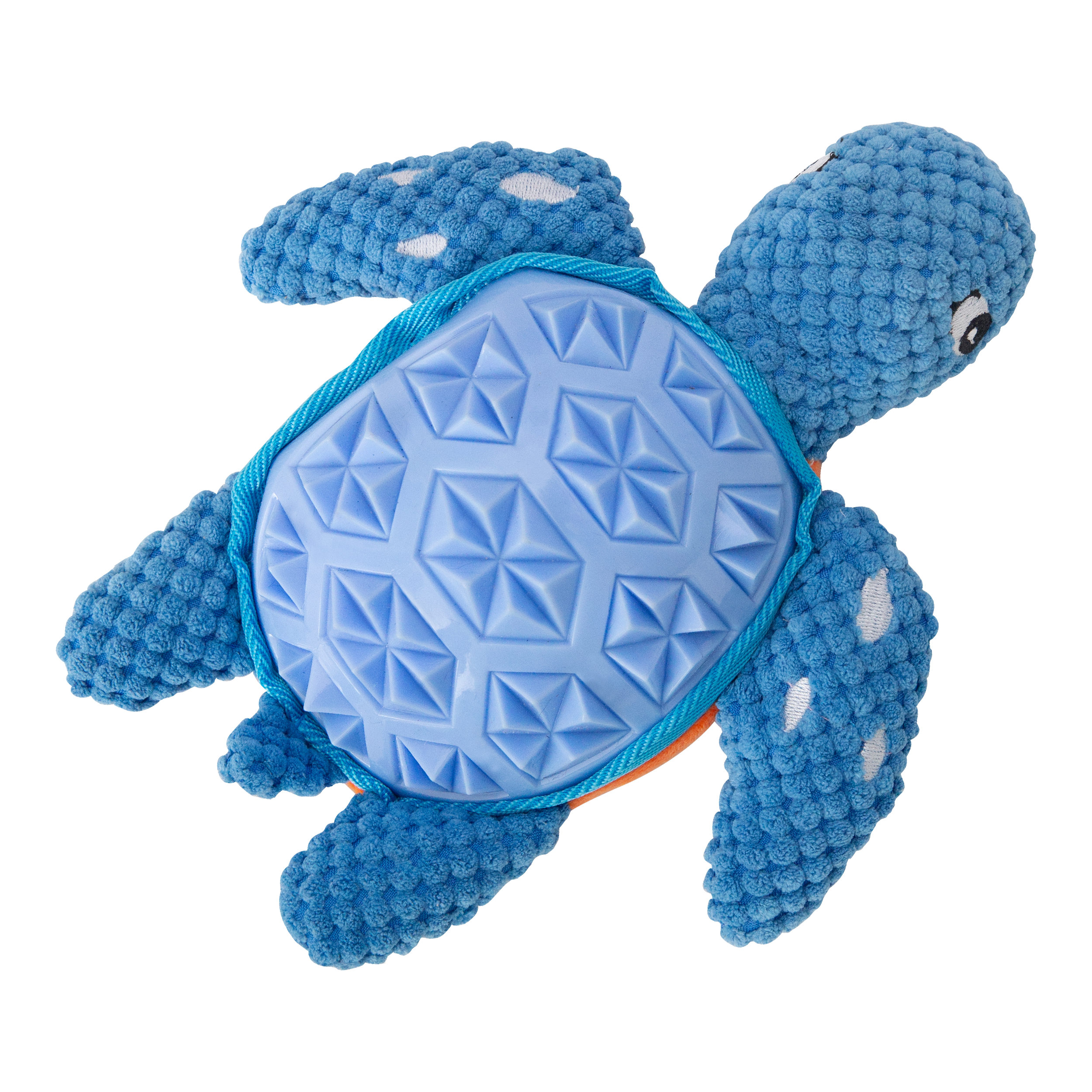 Snugarooz Titan the Turtle is a blue plush dog toy with a textured, spiky plastic shell, soft white-spotted flippers, and cartoon eyes—perfectly designed for playful pups seeking durable fun.
