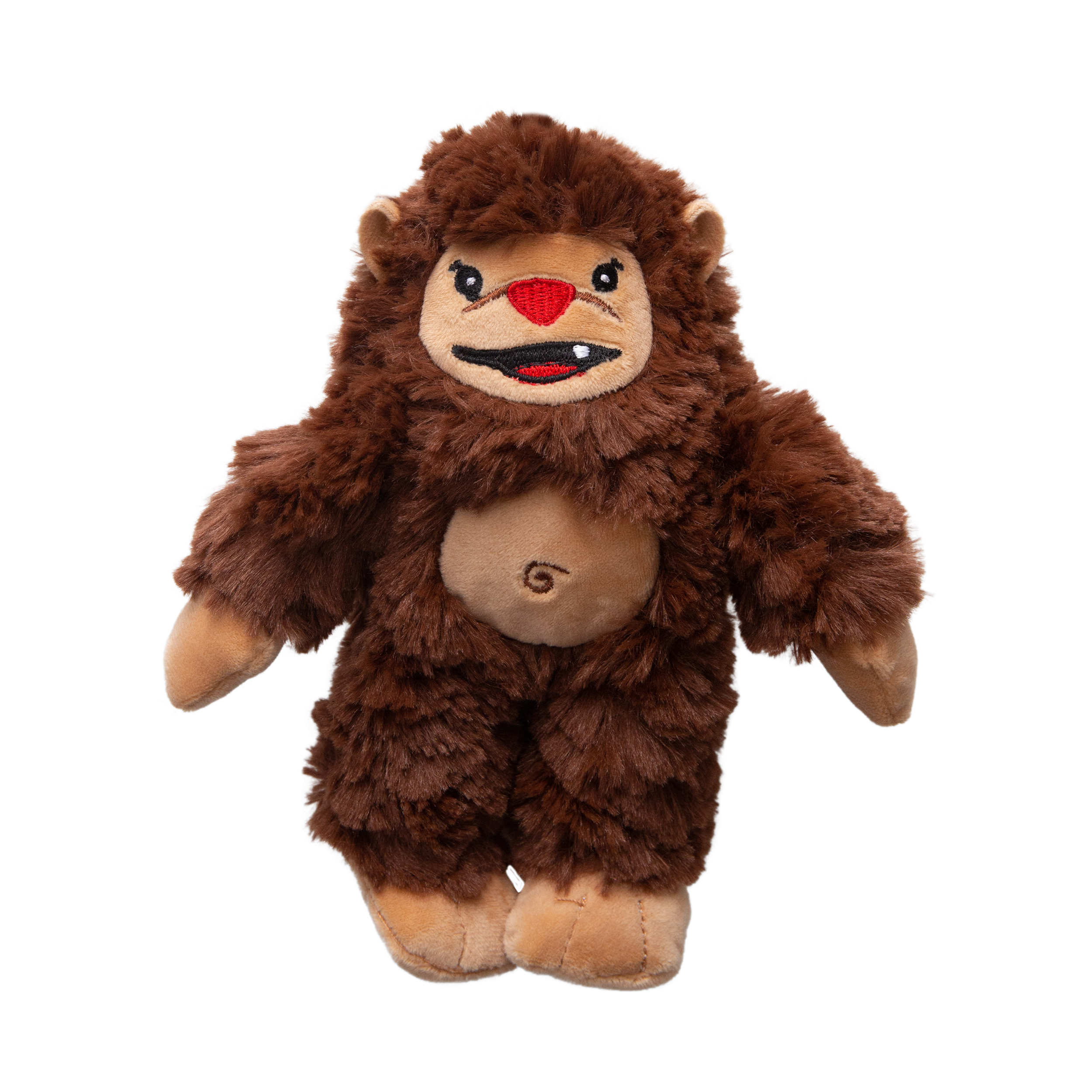 Young Billy by Snugarooz is a plush, eco-friendly dog toy shaped like a brown creature with a wide red smile, small fangs, and a spiral on its tan belly, shown standing upright against a white background.
