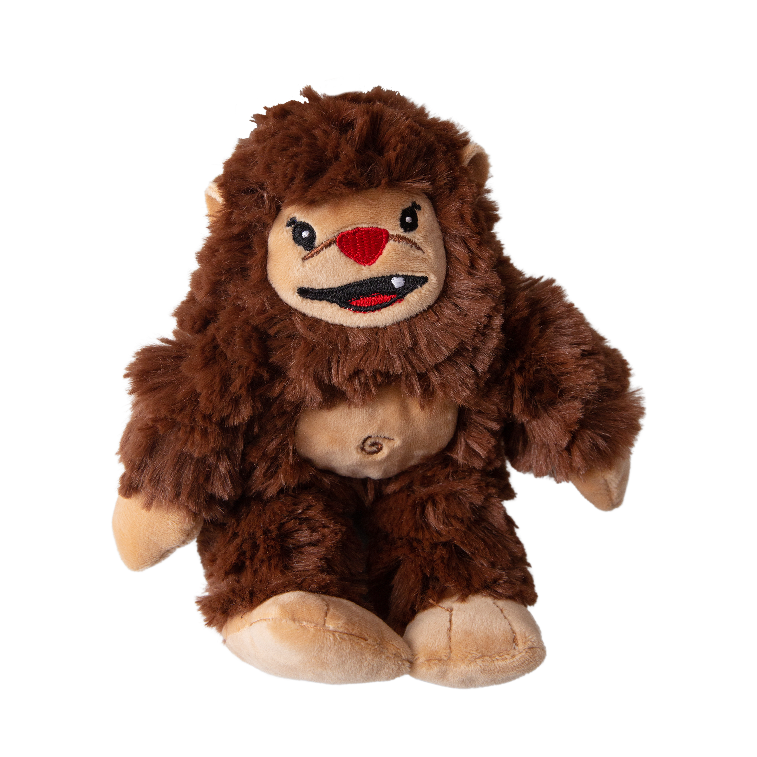 Young Billy by Snugarooz is a plush, eco-friendly dog toy shaped like a brown creature with a wide red smile, small fangs, and a spiral on its tan belly, shown standing upright against a white background.