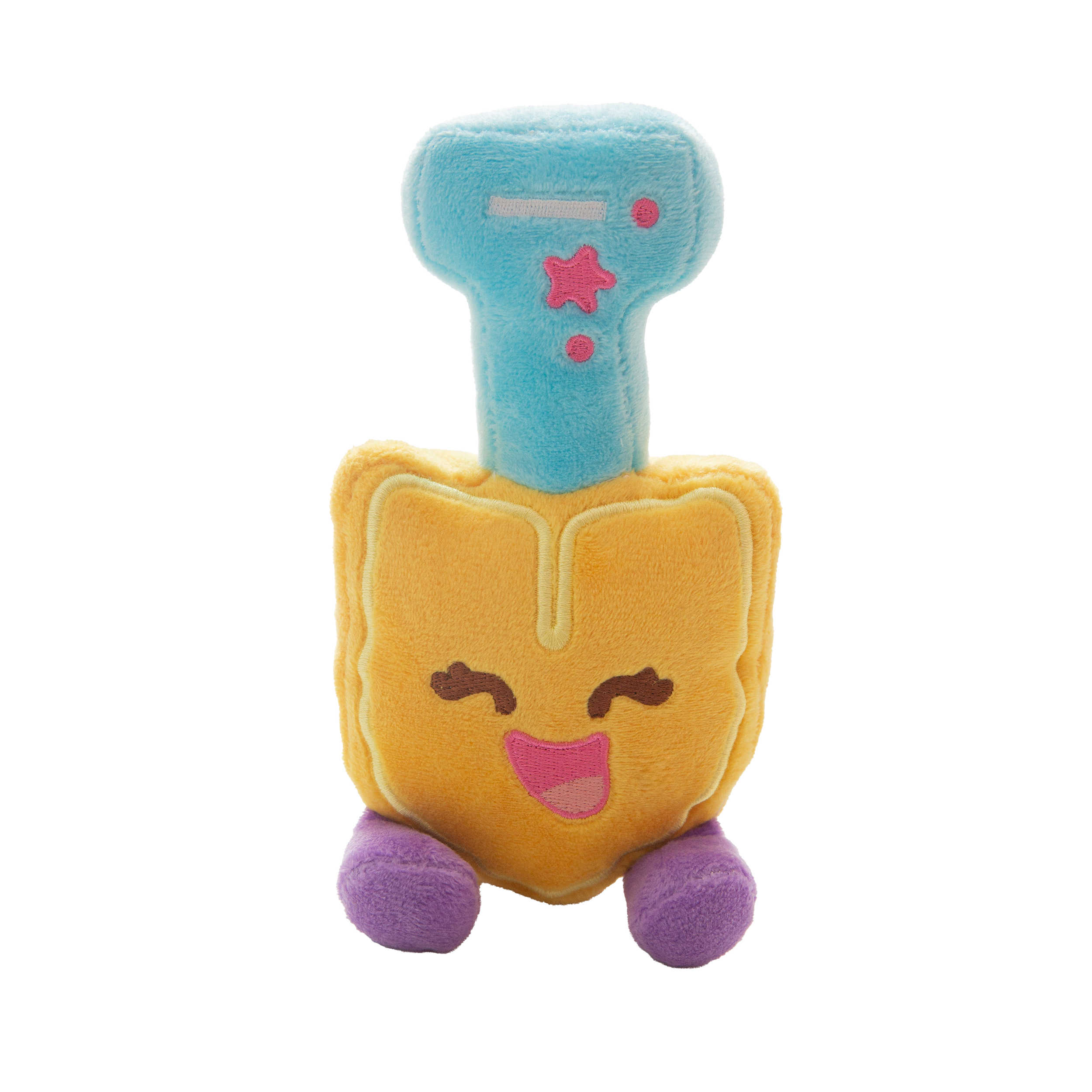 The Snugarooz Scoop There It Is is a plush dog toy shaped like a smiling yellow shield with embroidered details, purple legs, a blue top with pink stars and dashes, made from recycled water bottles—great for interactive play.
