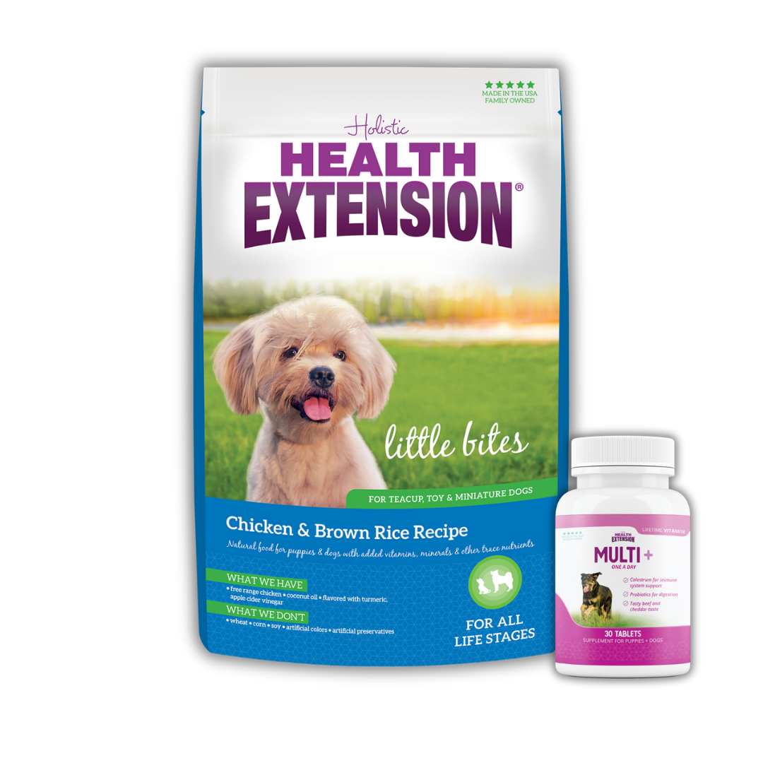Bag of Health Extension Little Bites Chicken & Brown Rice Recipe for teacup, toy, and miniature dogs, with a bottle of Multi+ vitamins, featuring a happy small dog on the package.