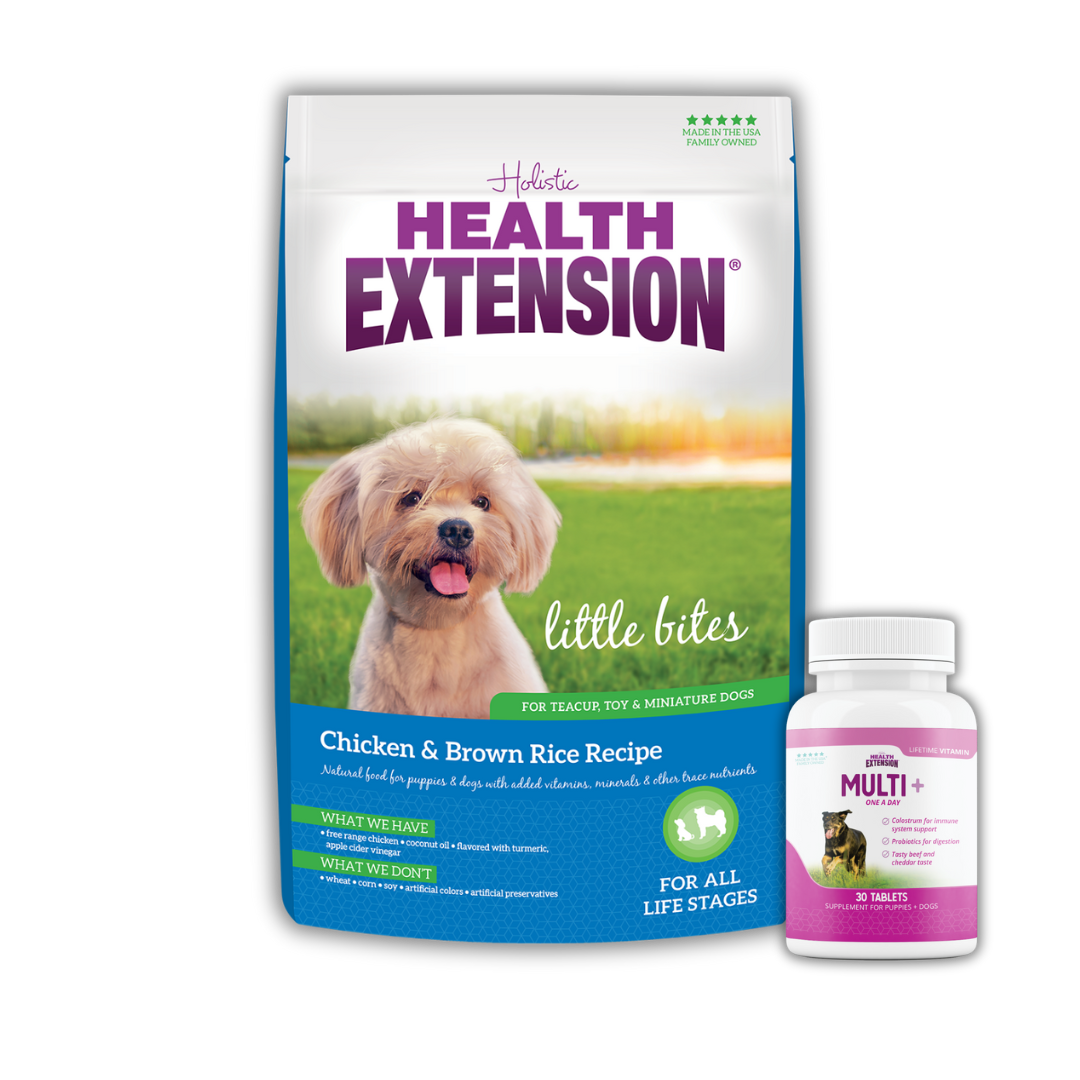 The Health Extension Small Breed Bundle includes puppy food and Multi+ vitamins, providing complete nutrition for your small dog.