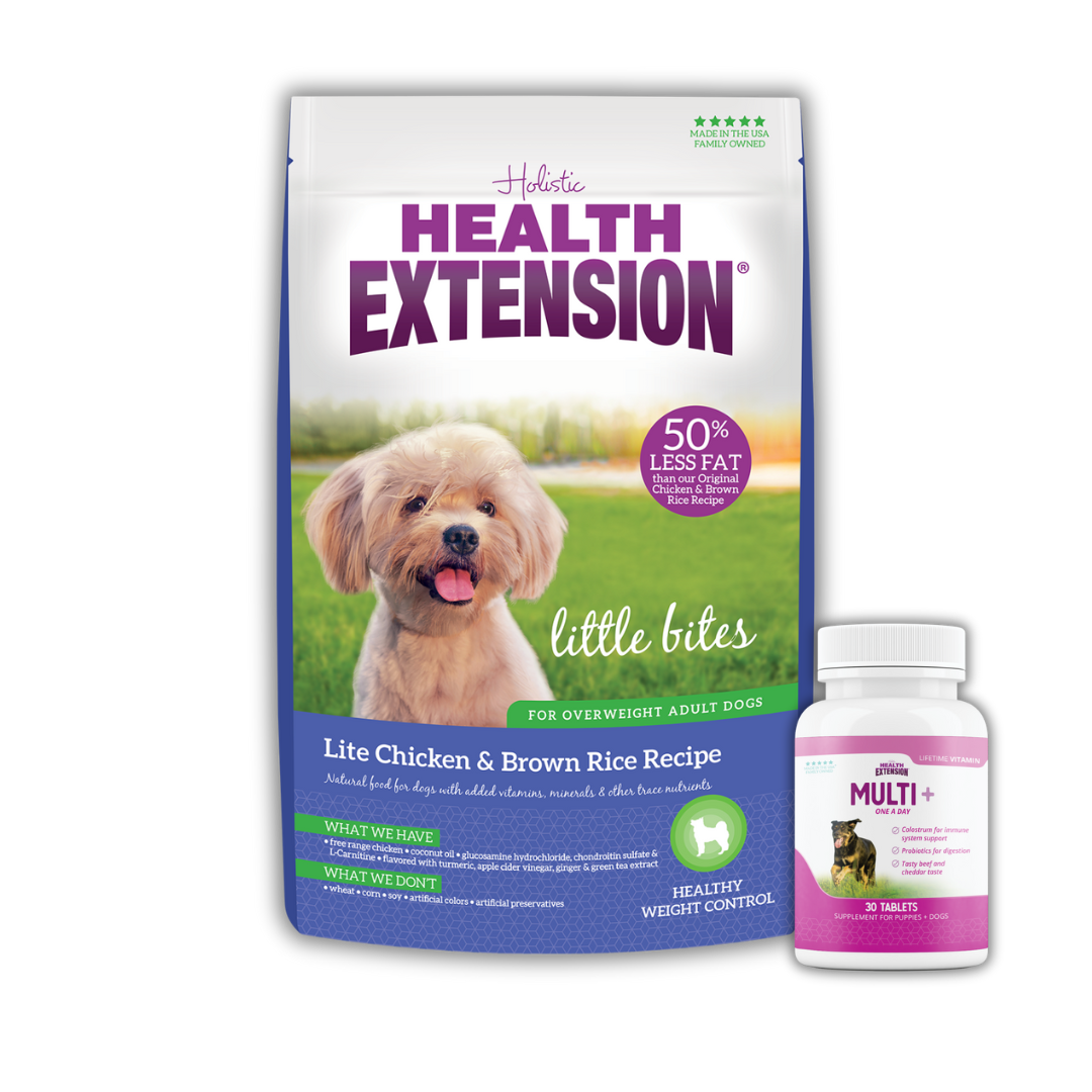 Health Extension Little Bites Lite Chicken & Brown Rice Recipe dog food for weight control with '50% Less Fat' label, and a bottle of Multi+ dog vitamins, displaying a small fluffy dog on the bag.