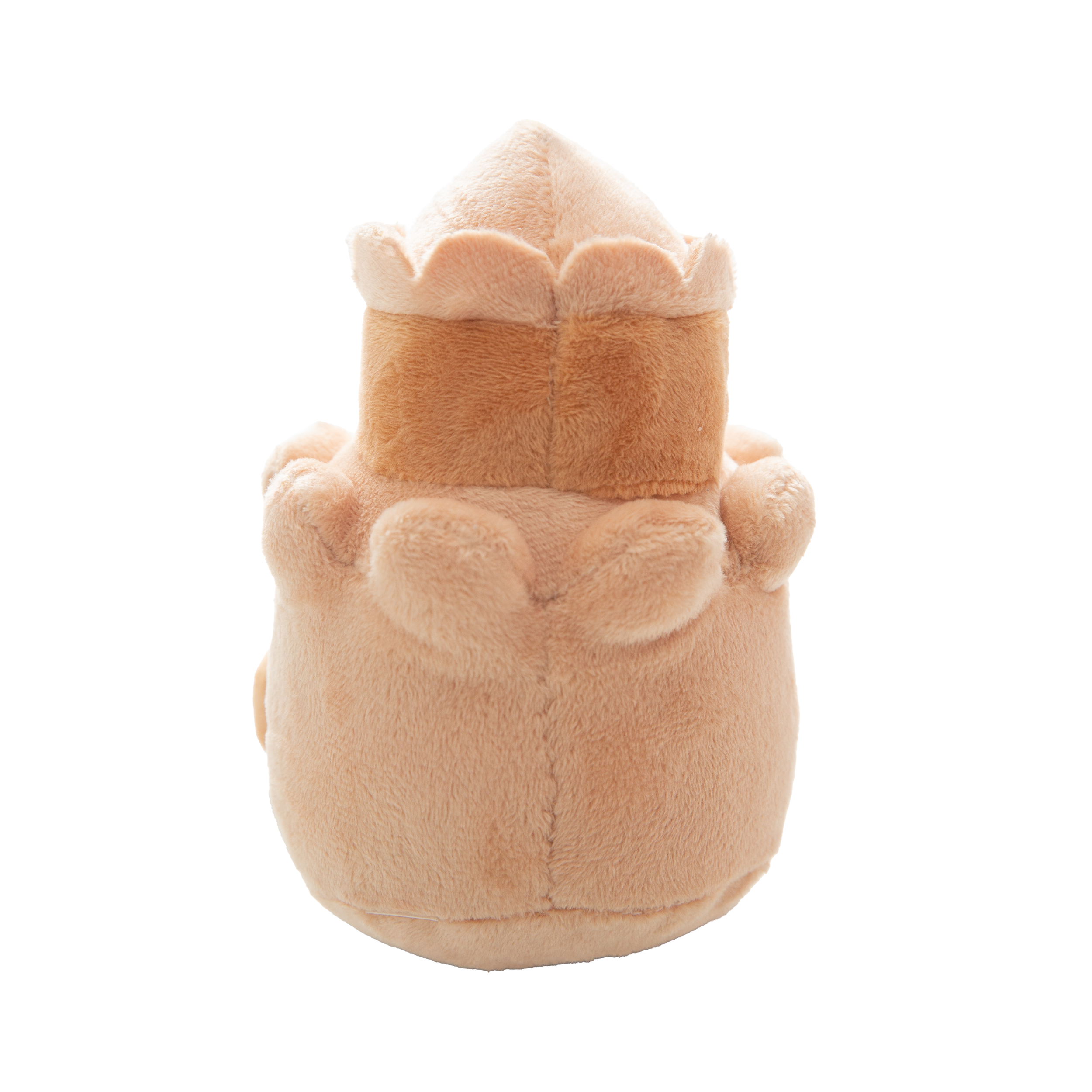 The Snugarooz Snugz Castle is a plush dog toy shaped like a sandcastle, featuring a smiling face, blue shell designs, pink starfish accents, and a brown doorway on a white background.