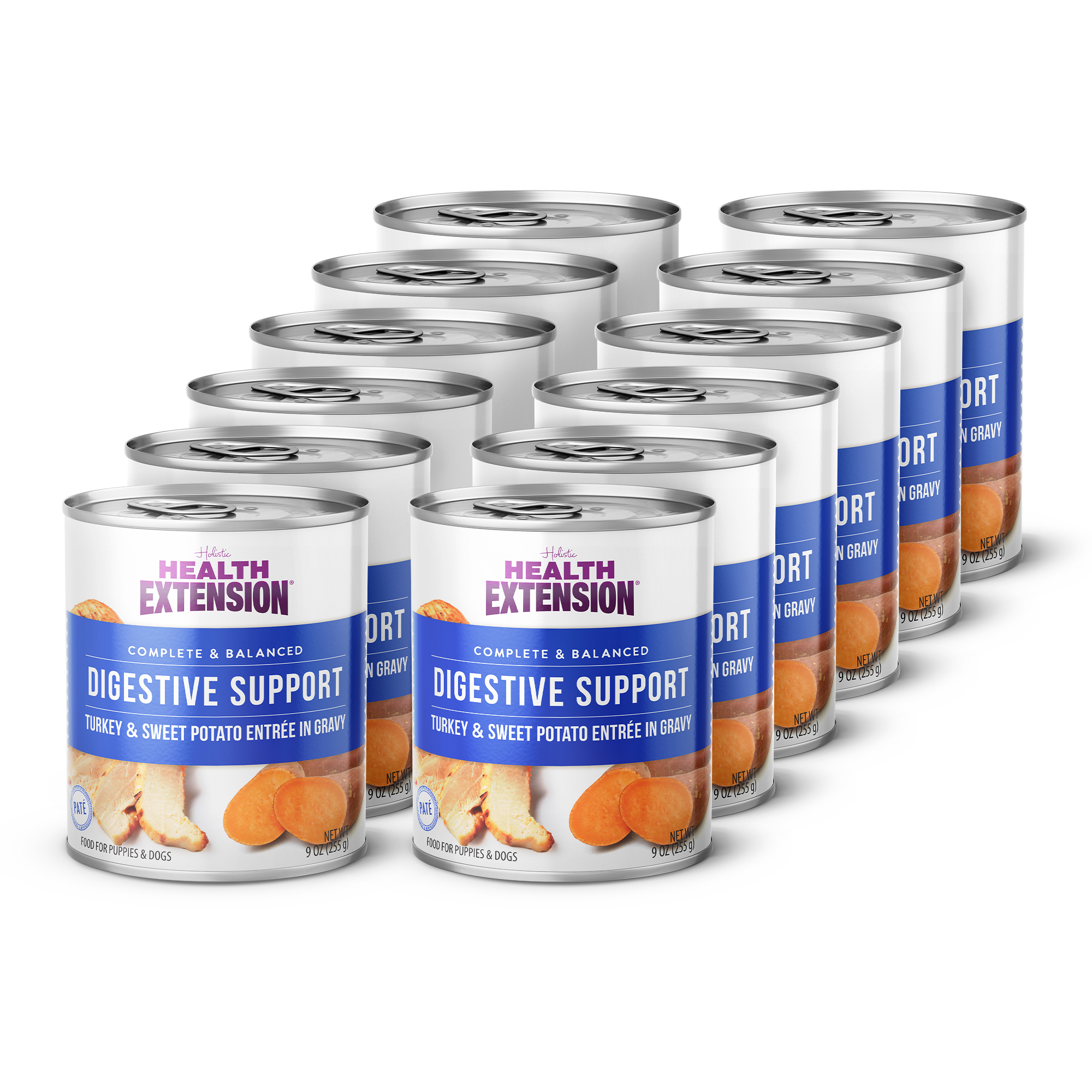A 9oz can of Health Extension Digestive Support, Turkey & Sweet Potato Entrée in Gravy promotes digestive health for puppies and dogs. Features images of turkey and sweet potato on the label. Net weight: 255 g.