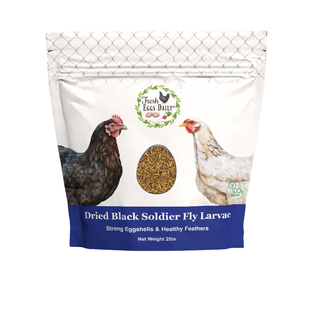 A package of Fresh Eggs Daily Shop Black Soldier Fly Carbon Neutral chicken feed shows a black and white chicken, with protein-rich dried larvae visible through a clear front window.