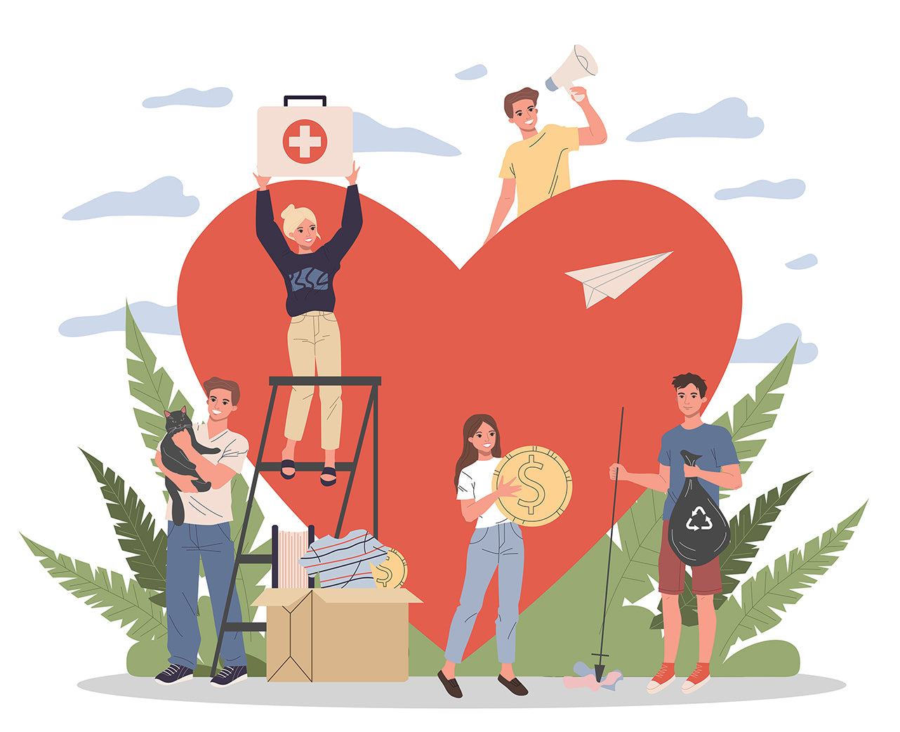 A diverse group volunteers in front of a red heart, holding gifts like Winter Whiskers the cat, a first aid kit, and more, for DonateMate’s "Season of Giving: Nourishing Needy Pets," surrounded by boxes and plants.