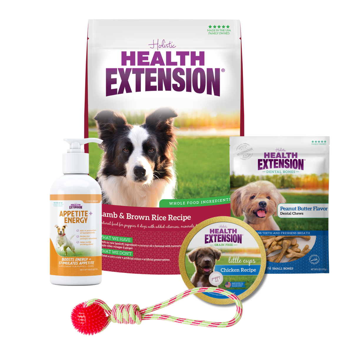 Complete Puppy Bundle: Health Extension Lamb & Brown Rice Recipe Dry Dog Food and variety of other dog products, including food, treats, toys, and supplements.