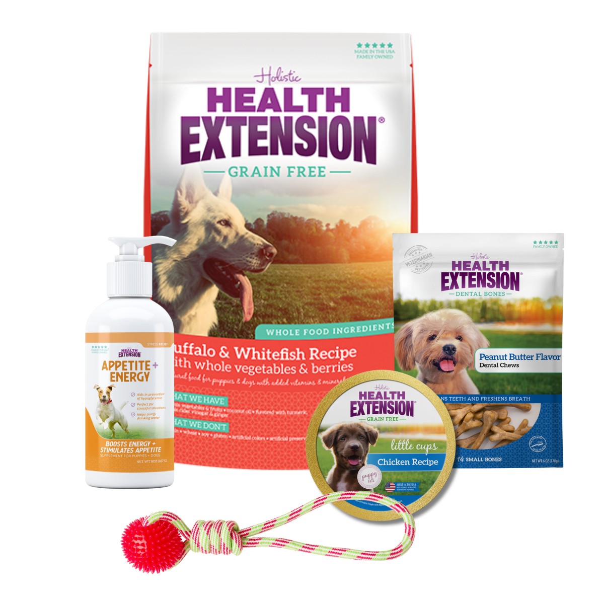 Complete Puppy Bundle: Health Extension Grain Free Buffalo & Whitefish Dry Dog Food and variety of other dog products, including food, treats, toys, and supplements.