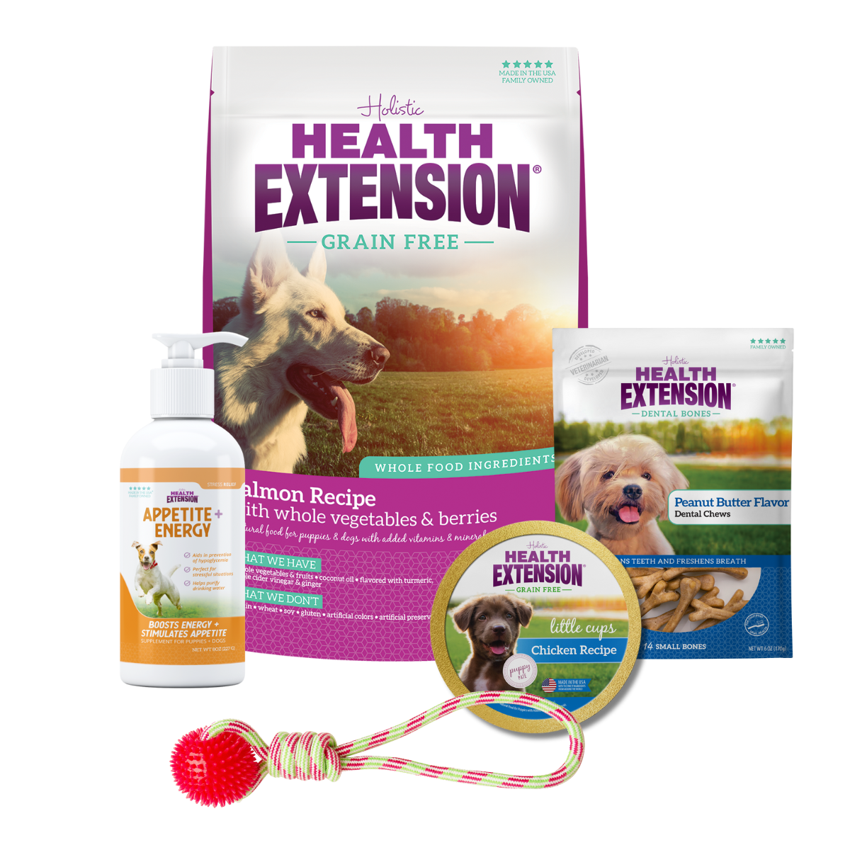 Complete Puppy Bundle: Health Extension Grain Free Salmon Dry Dog Food and variety of other dog products, including food, treats, toys, and supplements.