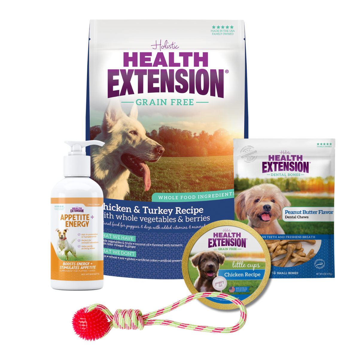 Complete Puppy Bundle: Health Extension Grain Free Chicken & Turkey Dry Dog Food and variety of other dog products, including food, treats, toys, and supplements.