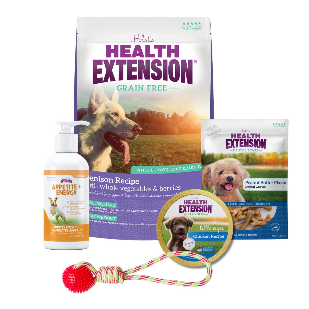 Complete Puppy Bundle: Health Extension Grain Free Venison Dry Dog Food and variety of other dog products, including food, treats, toys, and supplements.