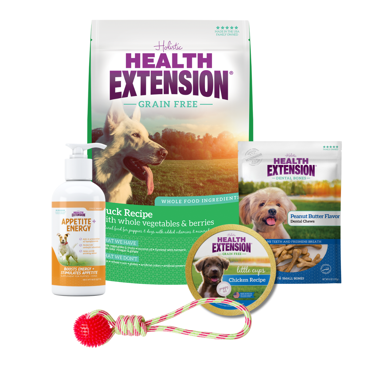 Complete Puppy Bundle: Health Extension Grain Free Duck Dry Dog Food and variety of other dog products, including food, treats, toys, and supplements.