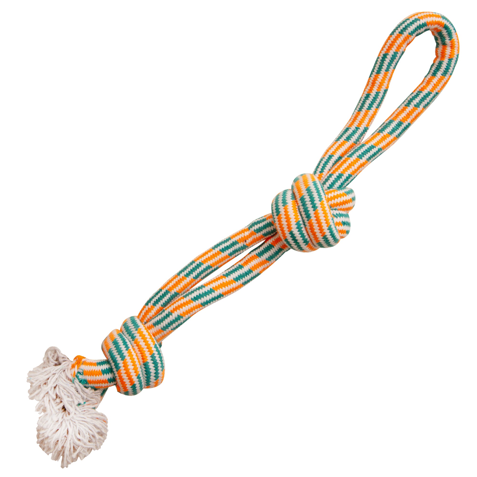 Two colorful Snugarooz Fling 'N Floss braided dog rope toys with knots at both ends are shown on a teal textured background. These interactive toys are perfect for playful pups and offer hours of fun.