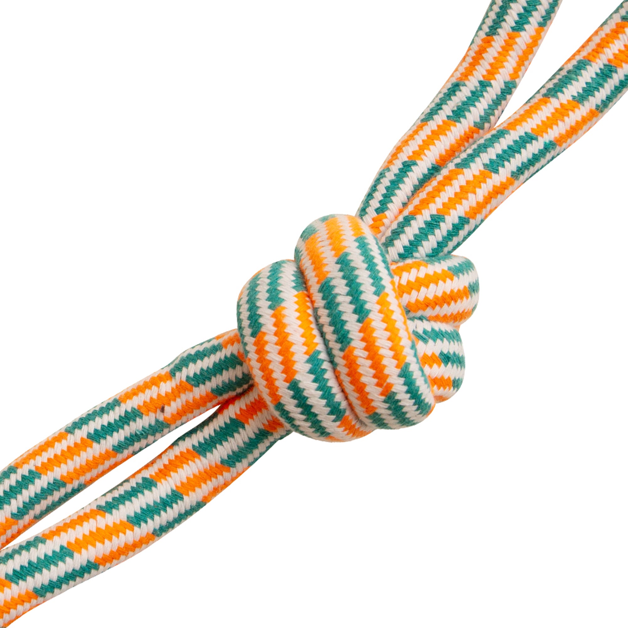 Two colorful Snugarooz Fling 'N Floss braided dog rope toys with knots at both ends are shown on a teal textured background. These interactive toys are perfect for playful pups and offer hours of fun.