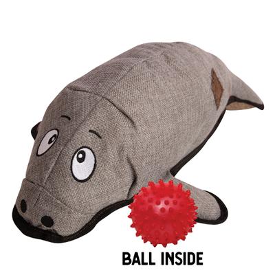 A gray plush Murray the Manatee dog toy by Snugarooz, shaped like a seal with cartoon eyes and a side patch. A red spiky rubber ball sits in front. Text below: BALL INSIDE.