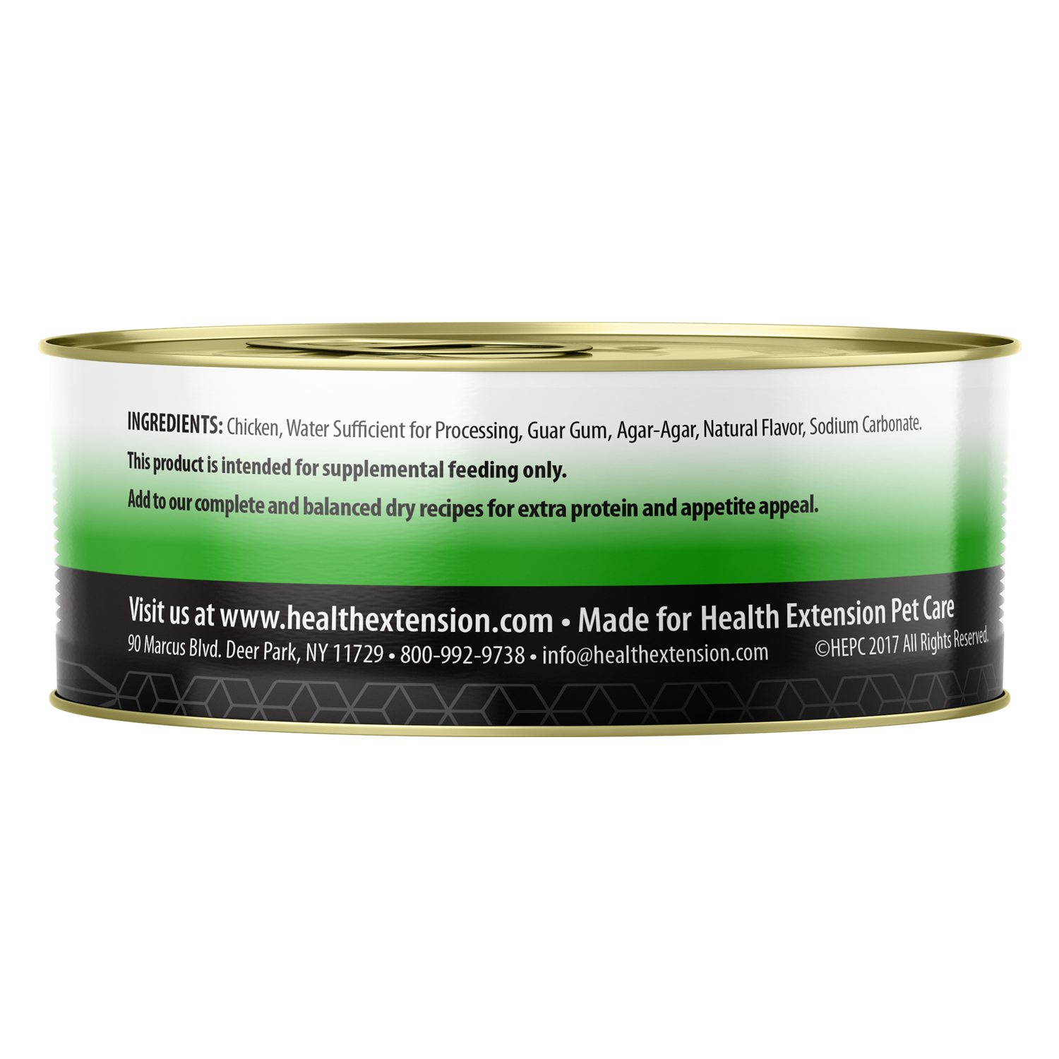 95% Chicken 5.5 ounce Side of Can showing ingredients list & Health Extension contact info
