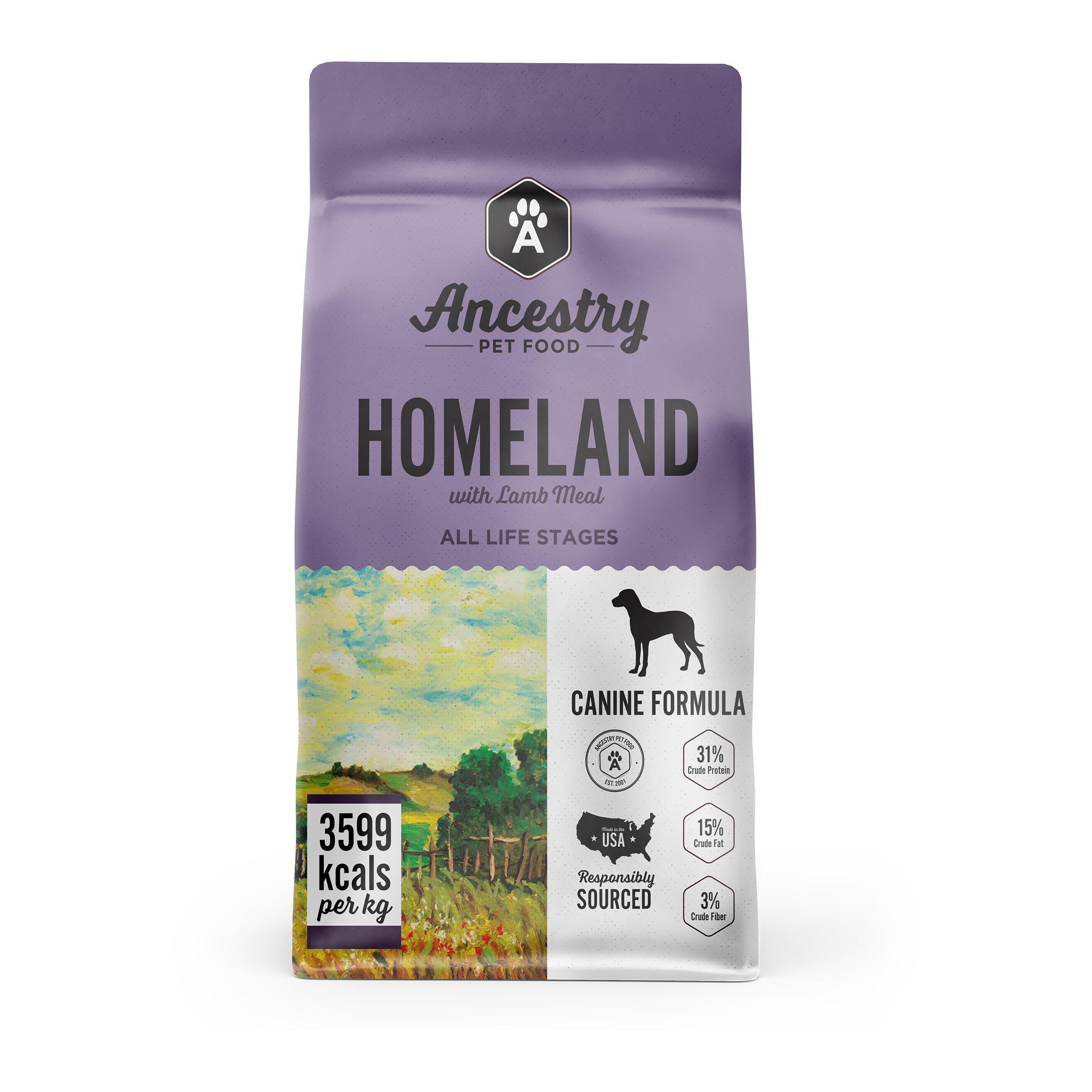 Three bags of Ancestry Homeland With Lamb Meal dog food are shown with text highlighting: grain free, 31% protein, added vitamins & minerals, boosted with superfoods, and satisfies your dog's carnivore cravings.