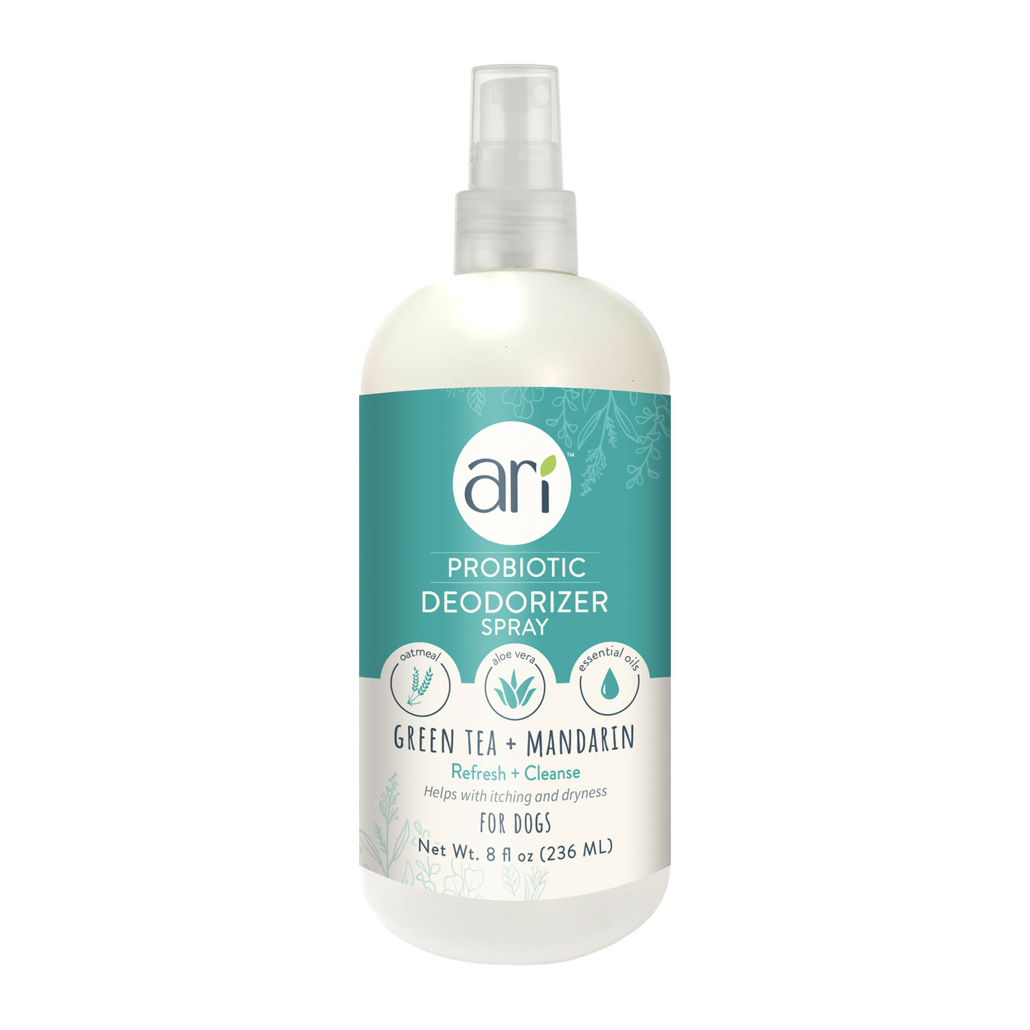 A white spray bottle of Health Extension ARI Probiotic Deodorizer Spray – GREEN TEA + MANDARIN for dogs, 8 fl oz (236 mL), features a teal and white label with leaf designs and cruelty-free pet grooming details.