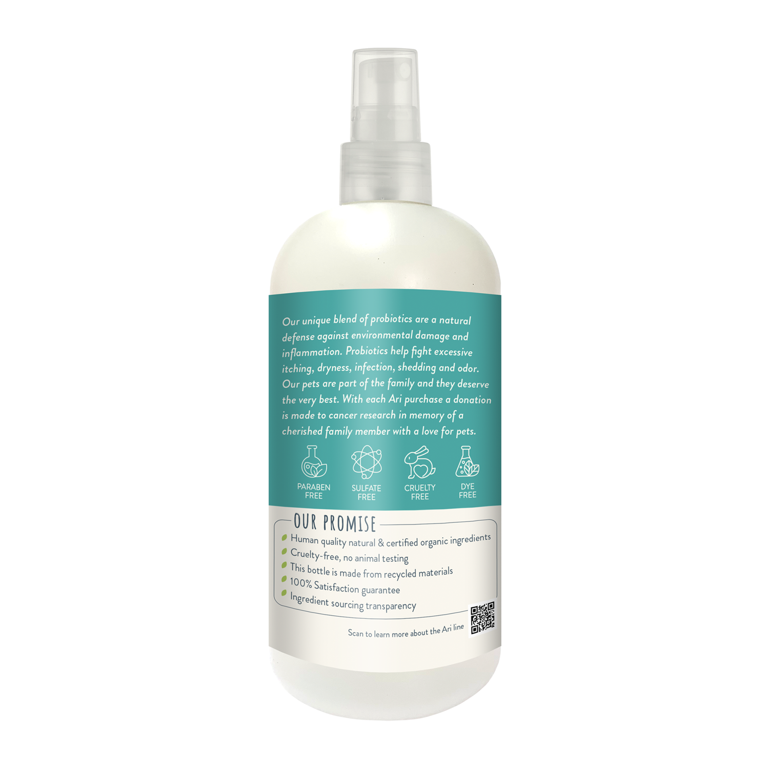 A white spray bottle of Health Extension ARI Probiotic Deodorizer Spray – GREEN TEA + MANDARIN for dogs, 8 fl oz (236 mL), features a teal and white label with leaf designs and cruelty-free pet grooming details.
