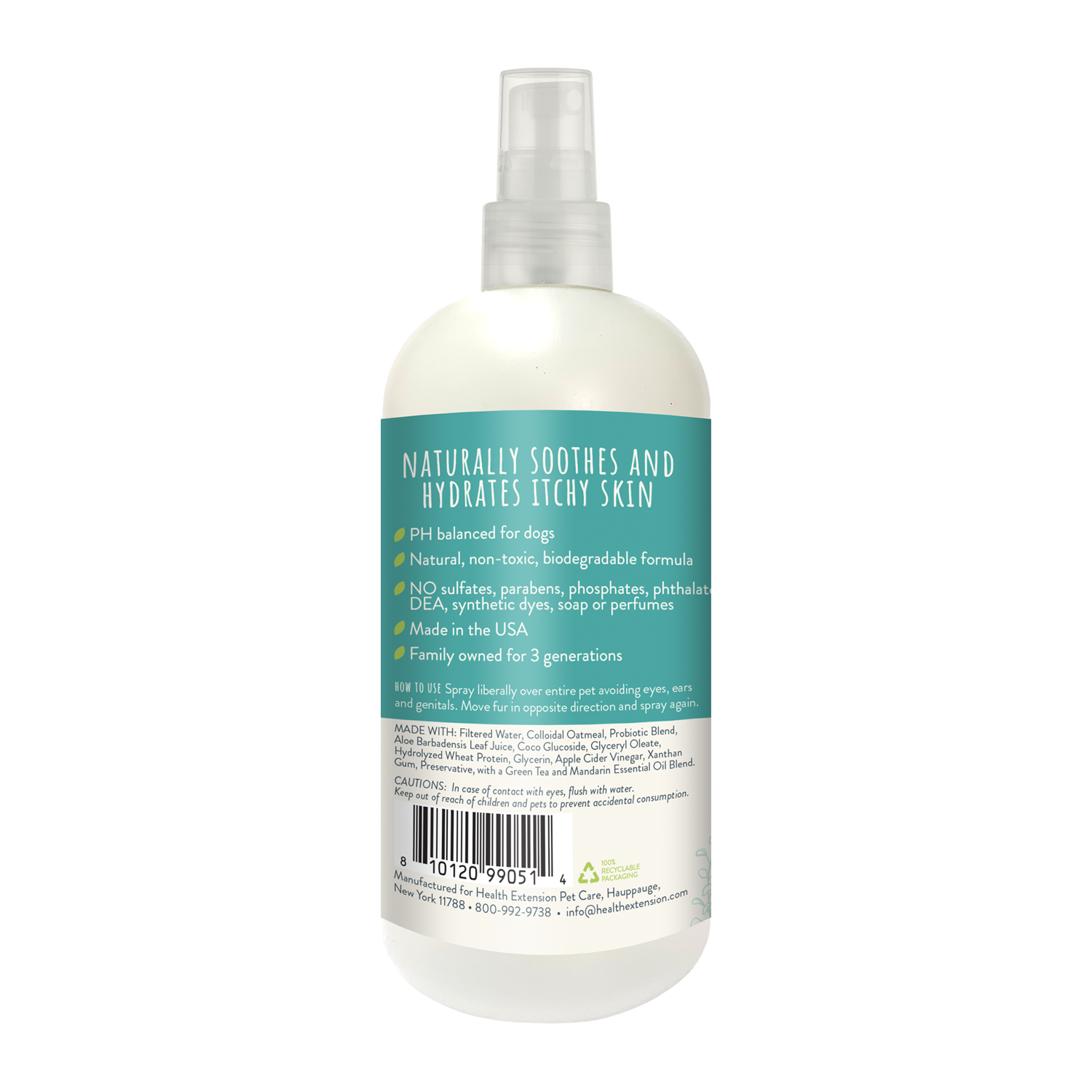 A white spray bottle of Health Extension ARI Probiotic Deodorizer Spray – GREEN TEA + MANDARIN for dogs, 8 fl oz (236 mL), features a teal and white label with leaf designs and cruelty-free pet grooming details.