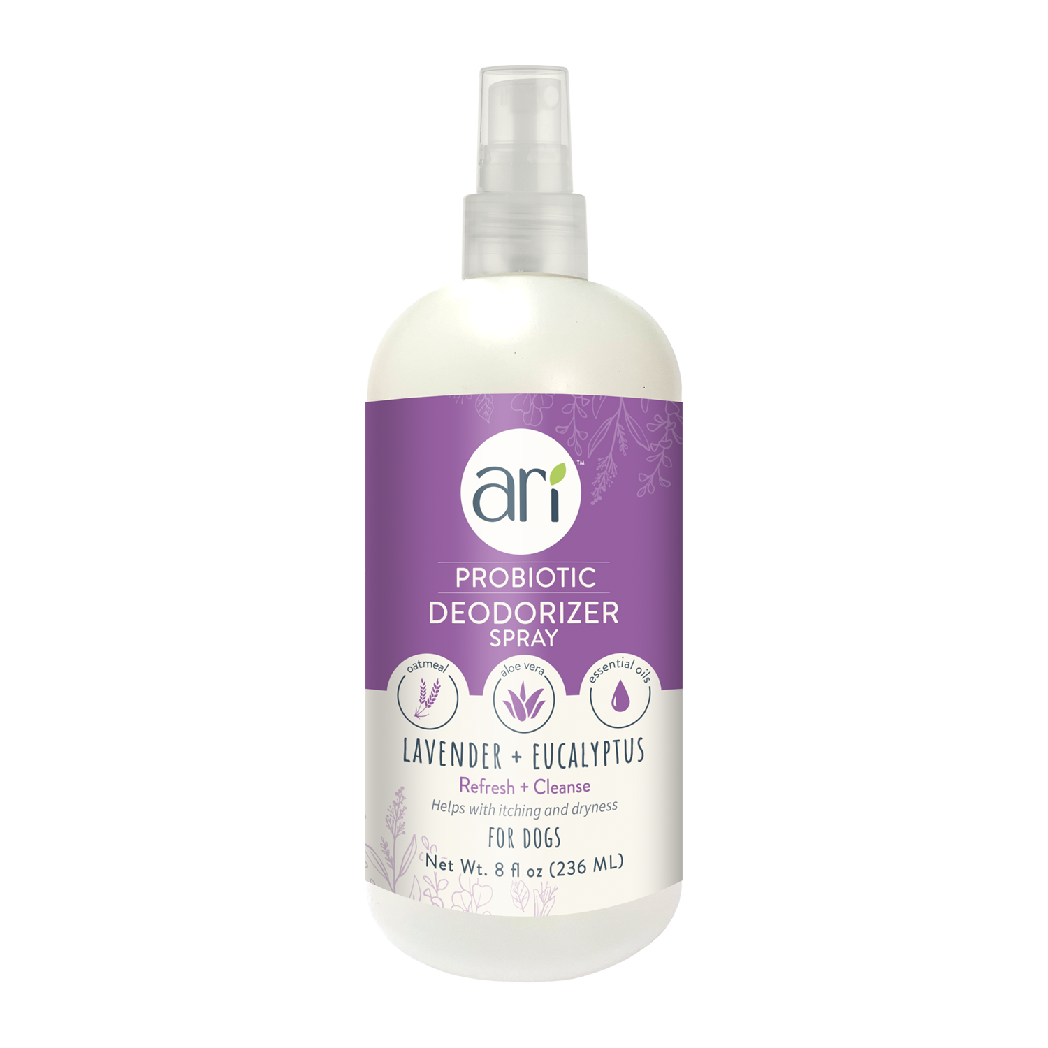 A white spray bottle with a purple label reads “Health Extension ARI Probiotic Deodorizer Spray – LAVENDER + EUCALYPTUS, For Dogs, 8 fl oz (236 mL),” showcasing icons and text about all-natural refreshing and cleansing for dogs.