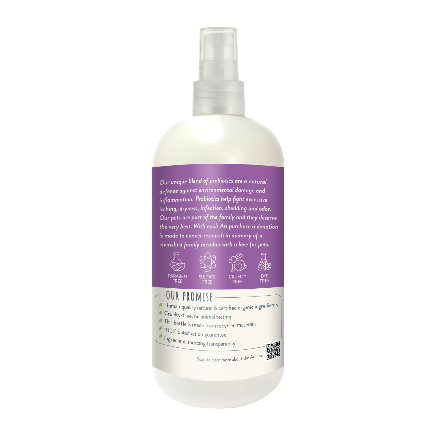 A white spray bottle with a purple label reads “Health Extension ARI Probiotic Deodorizer Spray – LAVENDER + EUCALYPTUS, For Dogs, 8 fl oz (236 mL),” showcasing icons and text about all-natural refreshing and cleansing for dogs.