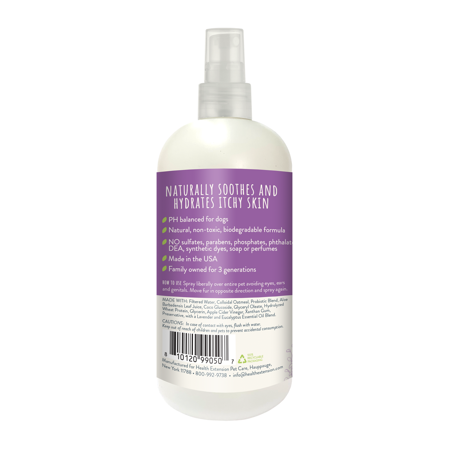A white spray bottle with a purple label reads “Health Extension ARI Probiotic Deodorizer Spray – LAVENDER + EUCALYPTUS, For Dogs, 8 fl oz (236 mL),” showcasing icons and text about all-natural refreshing and cleansing for dogs.