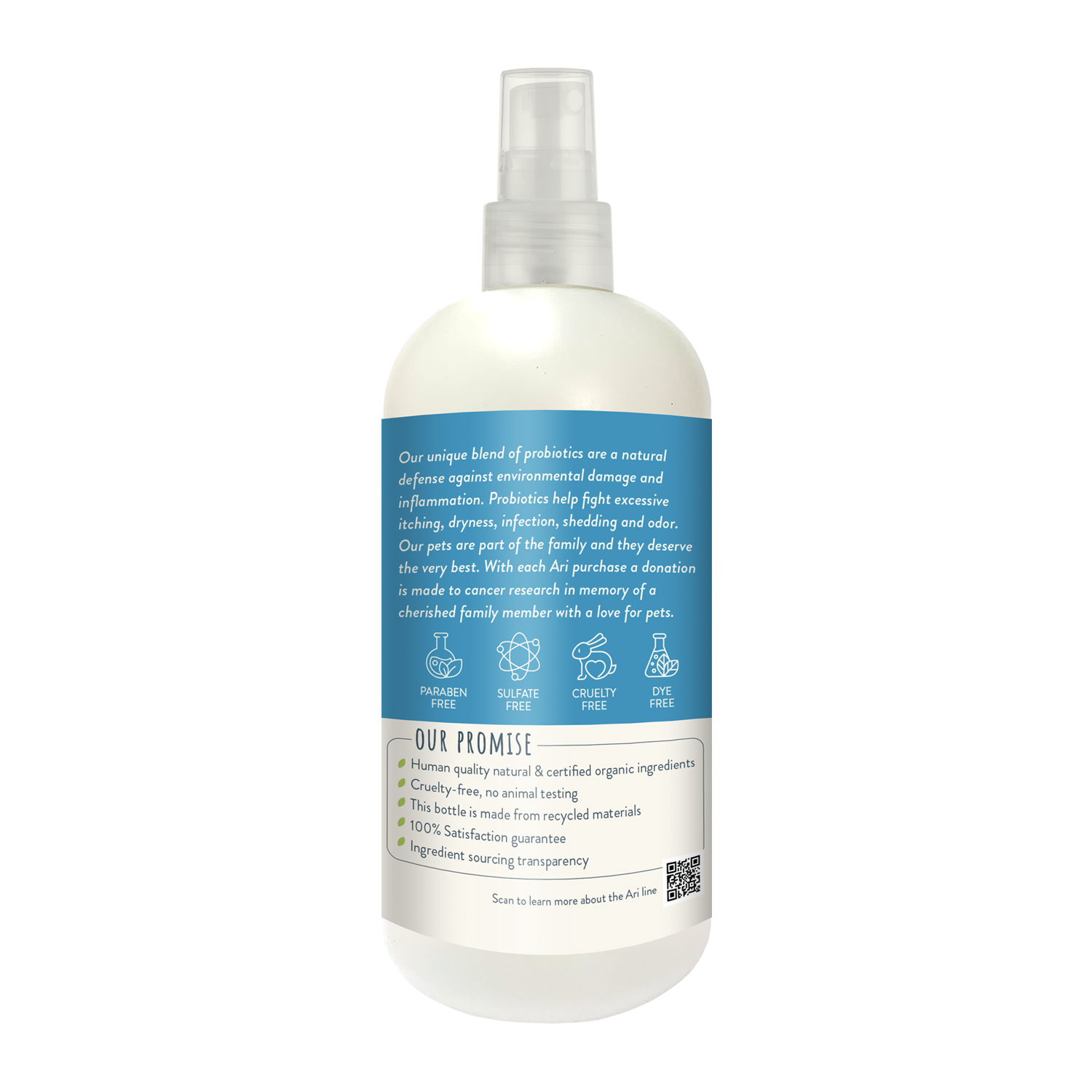 A white spray bottle labeled Health Extension ARI Probiotic Deodorizer Spray – VANILLA + ALMOND for dogs, in a blue and cream design, refreshes, cleanses, and provides itch relief. Net weight: 8 fl oz (236 ml).