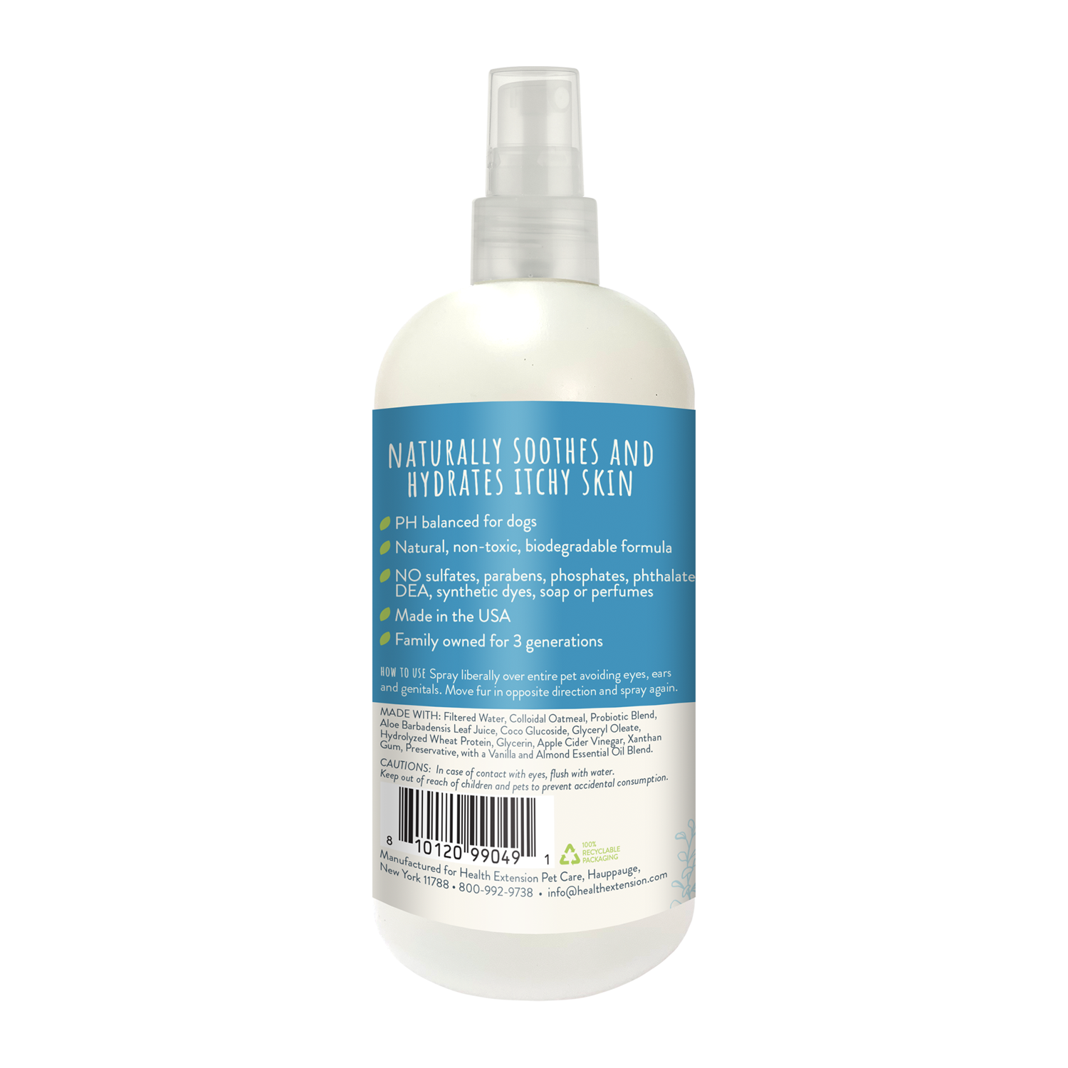 A white spray bottle labeled Health Extension ARI Probiotic Deodorizer Spray – VANILLA + ALMOND for dogs, in a blue and cream design, refreshes, cleanses, and provides itch relief. Net weight: 8 fl oz (236 ml).