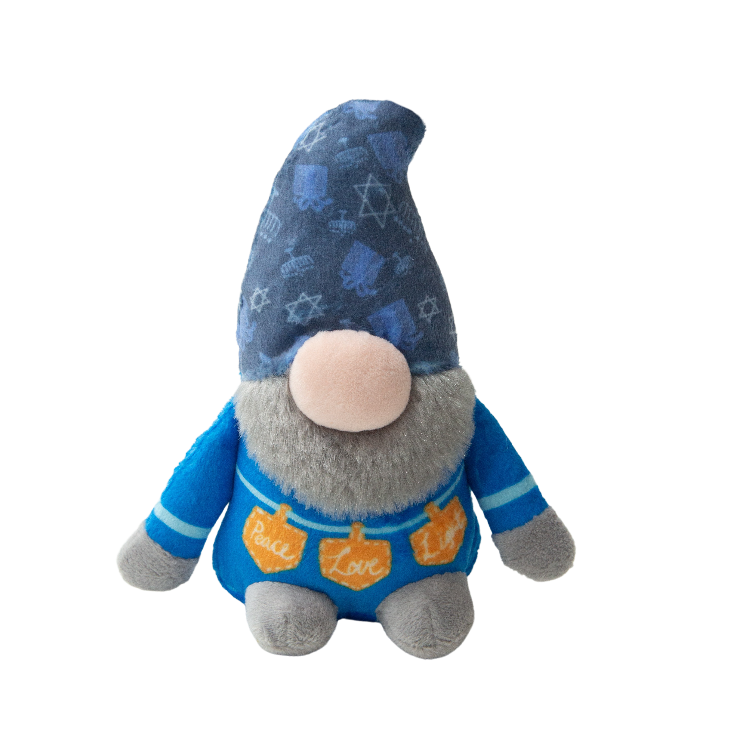 Baby Harry by Snugarooz is a plush gnome dog toy with a large nose, gray beard, and blue hat featuring Jewish symbols. Its blue outfit and orange "Peace Love" banner add Hanukkah charm against a white background.