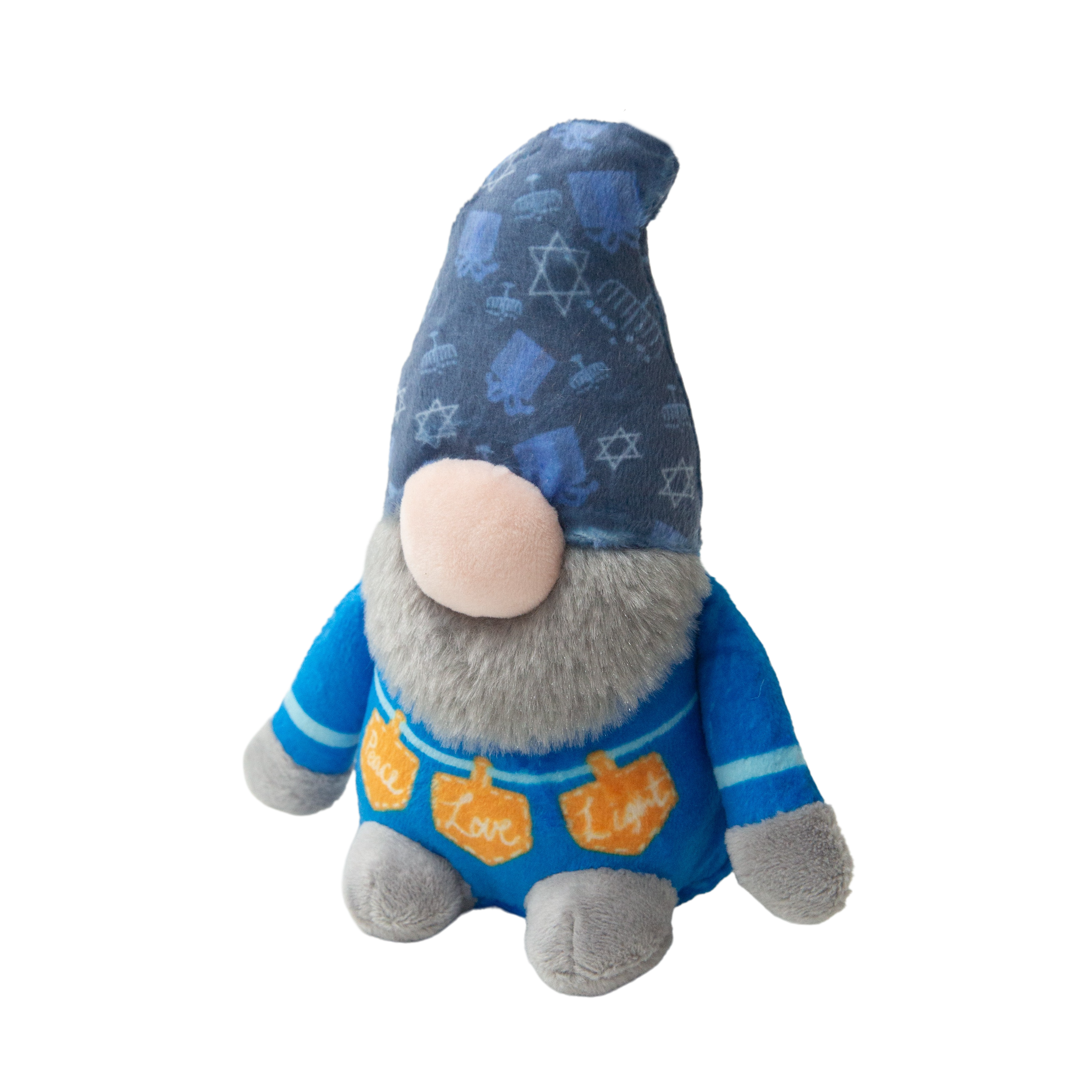 Baby Harry by Snugarooz is a plush gnome dog toy with a large nose, gray beard, and blue hat featuring Jewish symbols. Its blue outfit and orange "Peace Love" banner add Hanukkah charm against a white background.