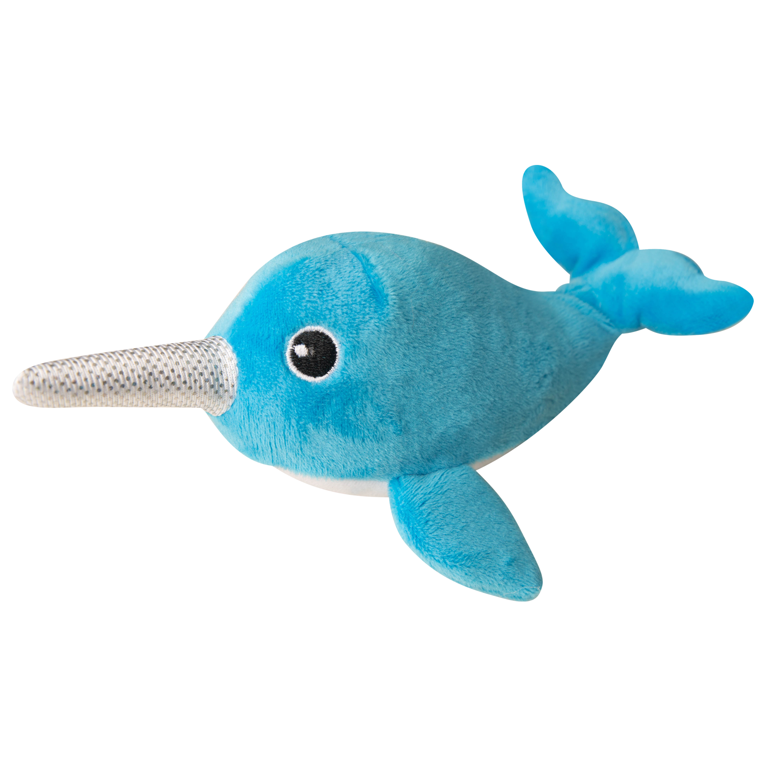 Snugarooz Baby Nikki the Narwhal is a blue plush dog toy with a long silver horn, two side fins, a fluke tail, and a round black-and-white eye.