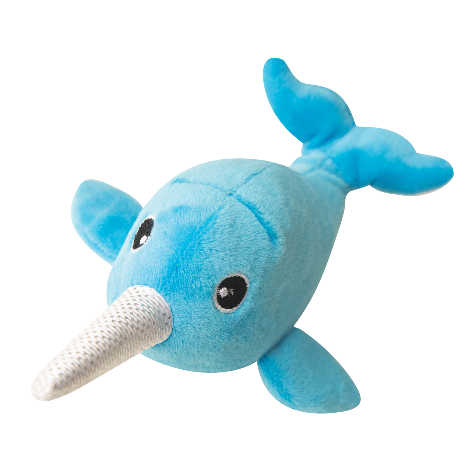 Snugarooz Baby Nikki the Narwhal is a blue plush dog toy with a long silver horn, two side fins, a fluke tail, and a round black-and-white eye.