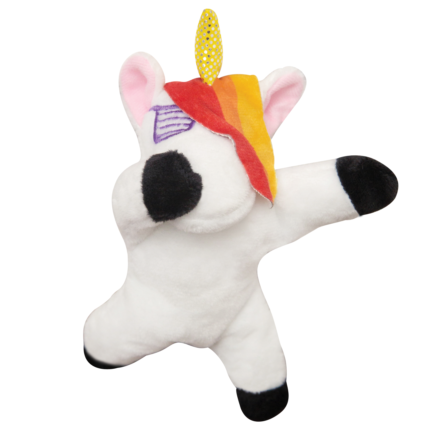 Infographic showing how water bottles are sorted, washed, broken down, and reused as fiber for Snugarooz’s Baby Dab the Unicorn plush dog toy. Text: Made from recycled water bottles. Illustrated with eco-friendly icons.