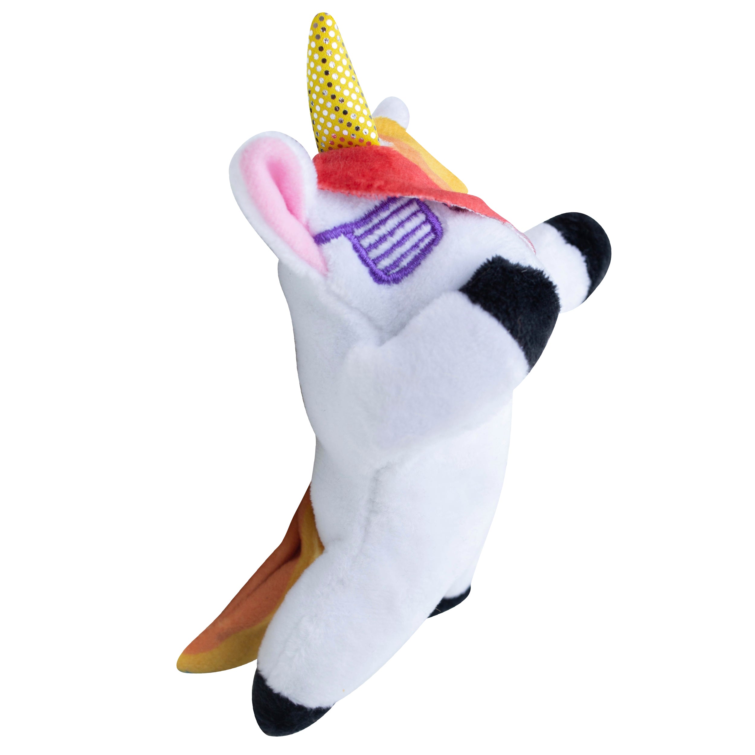 Infographic showing how water bottles are sorted, washed, broken down, and reused as fiber for Snugarooz’s Baby Dab the Unicorn plush dog toy. Text: Made from recycled water bottles. Illustrated with eco-friendly icons.