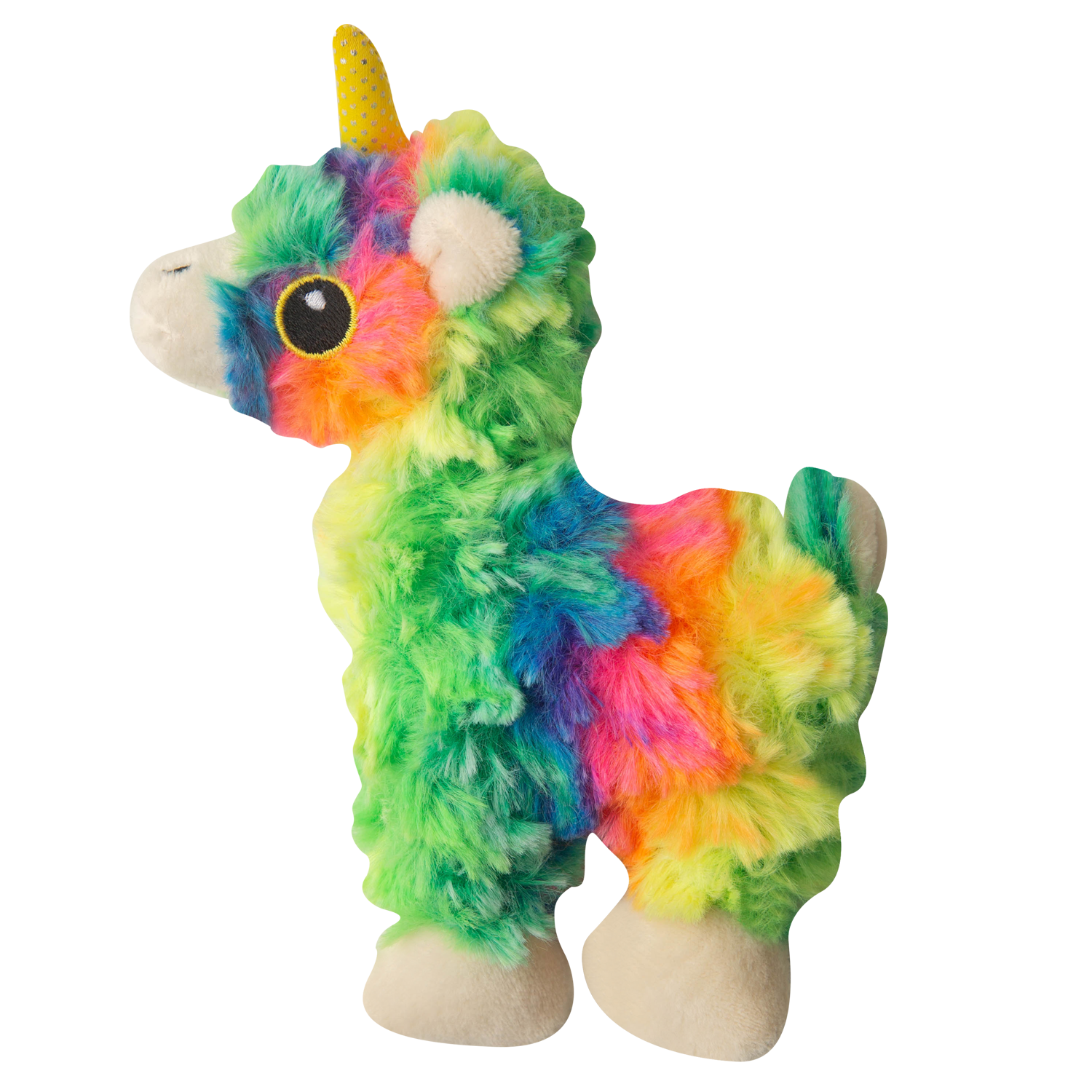 Snugarooz Baby Momma Llama is a plush tie-dye dog toy with green, yellow, blue, and pink fur plus white feet—perfect for colorful playtime fun. Shown on a plain white background.