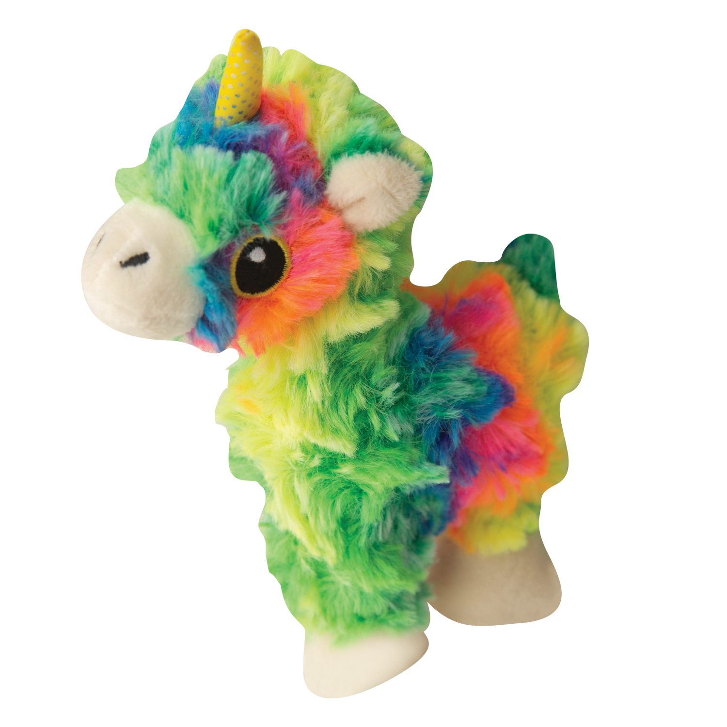 Snugarooz Baby Momma Llama is a plush tie-dye dog toy with green, yellow, blue, and pink fur plus white feet—perfect for colorful playtime fun. Shown on a plain white background.