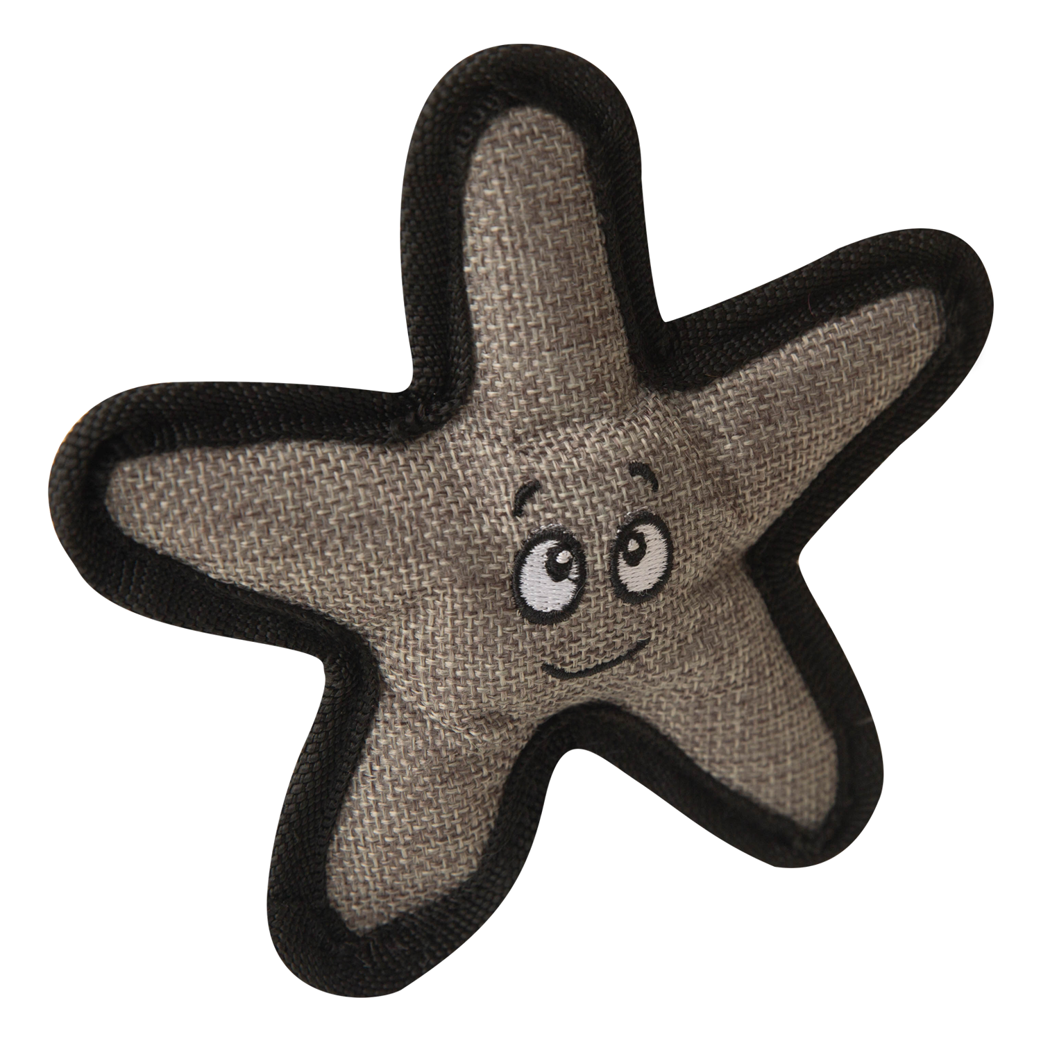 Snugarooz’s Baby Sophie the Starfish is a gray, star-shaped plush dog toy with a black border, cartoon eyes, and a smiling mouth at the center—perfect for playful pups.