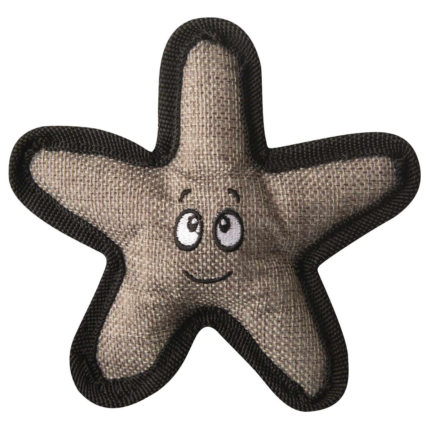 Snugarooz’s Baby Sophie the Starfish is a gray, star-shaped plush dog toy with a black border, cartoon eyes, and a smiling mouth at the center—perfect for playful pups.