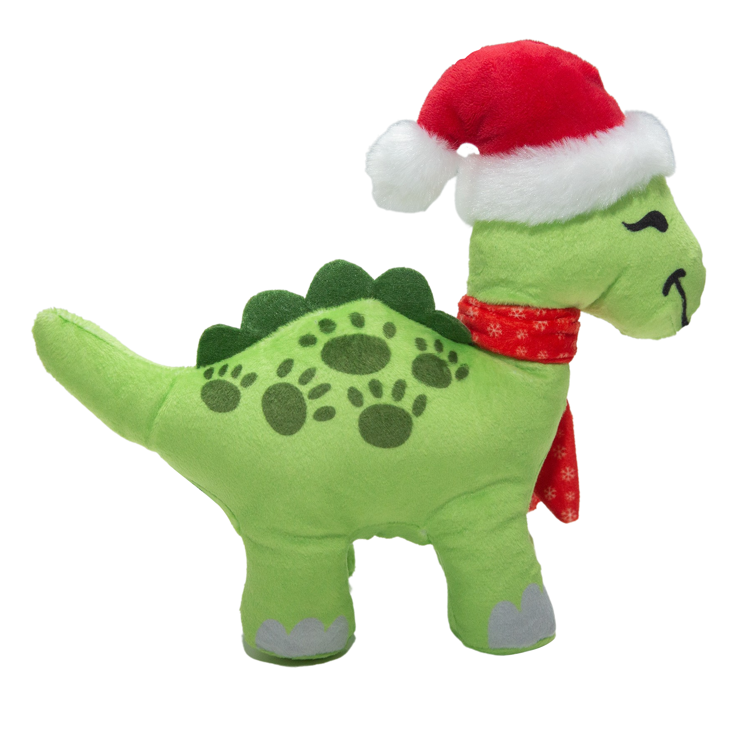 The Snugarooz Bronto Claus is a green dinosaur plush pet toy wearing a red Santa hat and snowflake scarf, smiling on a white background. Made from recycled water bottles for an eco-friendly touch.